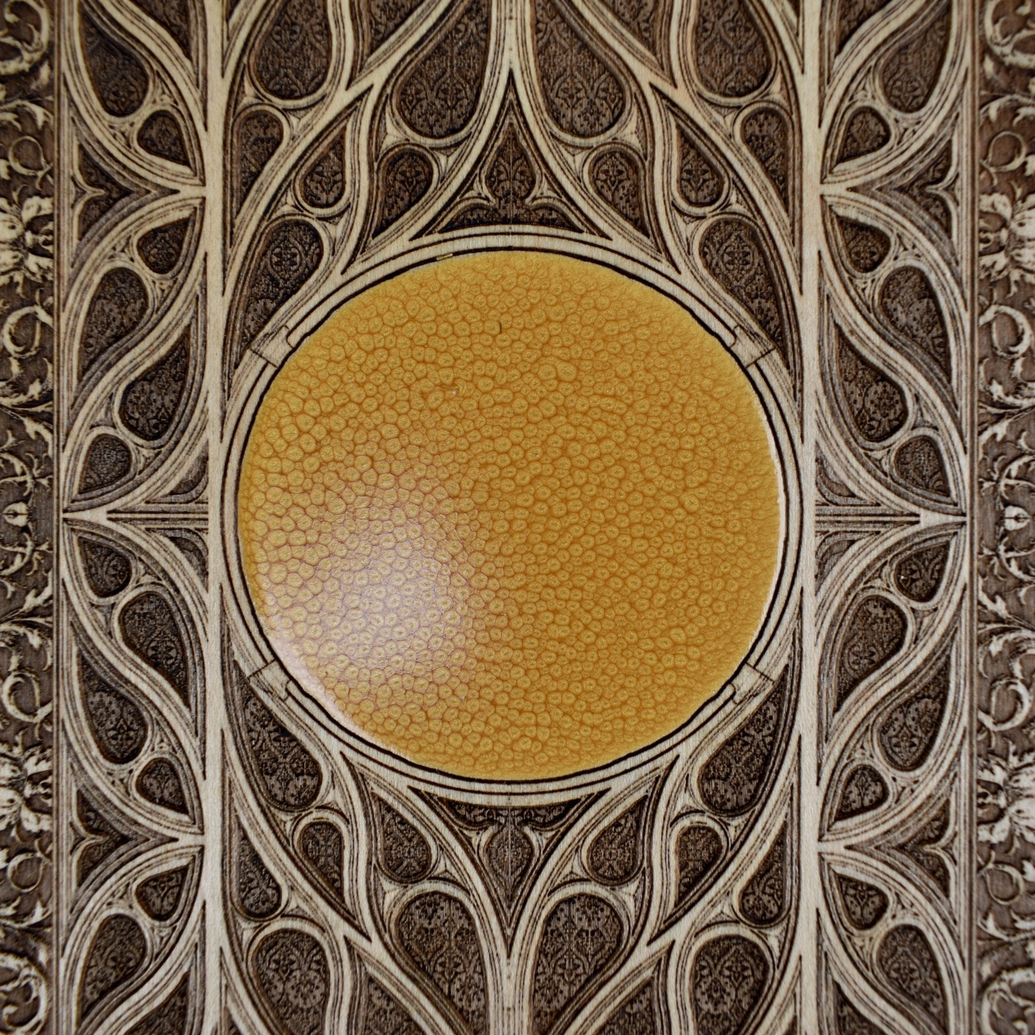 Engraved gothic window wood decor, perfect for alternative and medieval home themes.