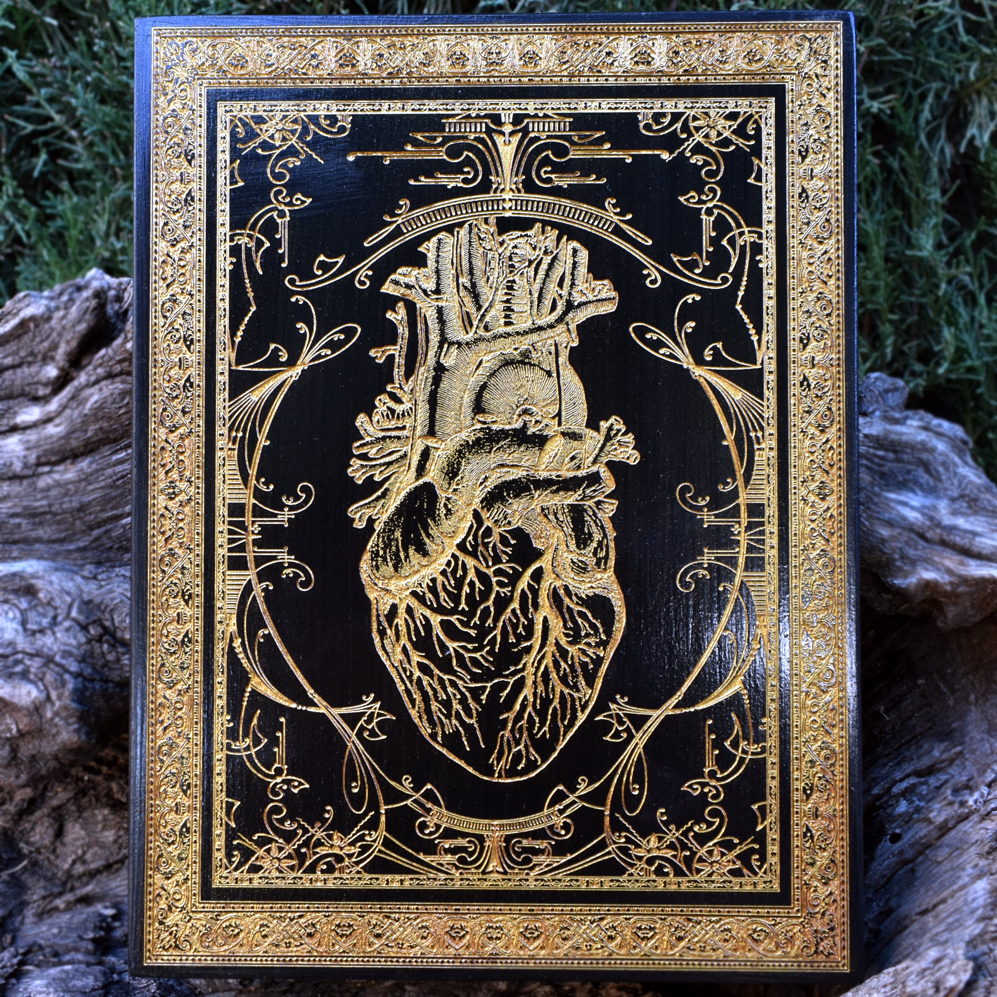 Anatomical heart wood wall art with black paint and gold accents