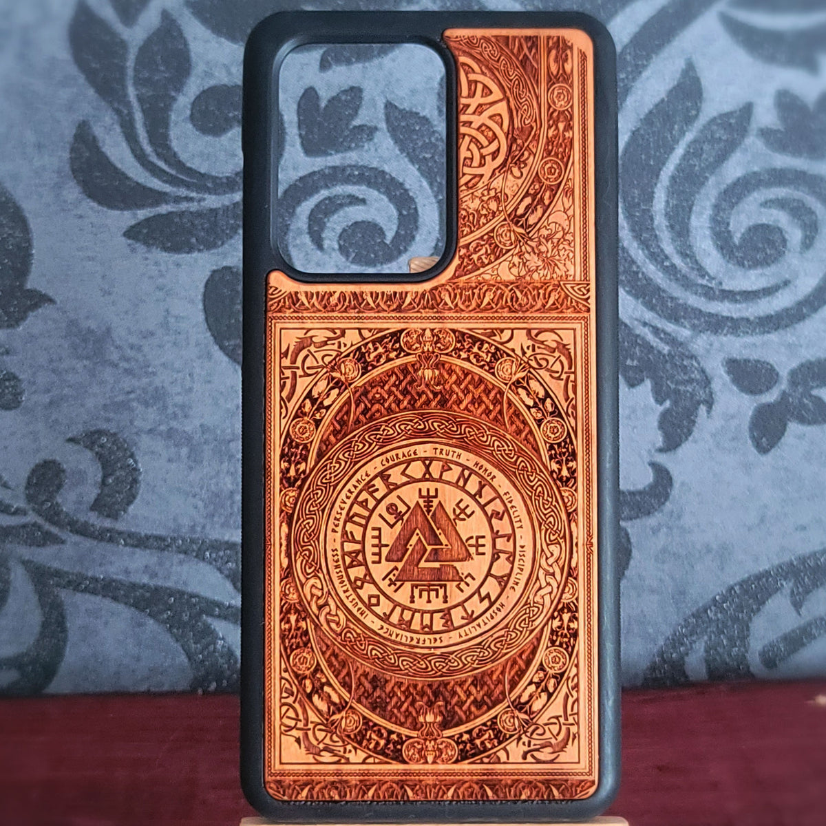 Valknut and Norse rune design laser engraved on real cherrywood phone case