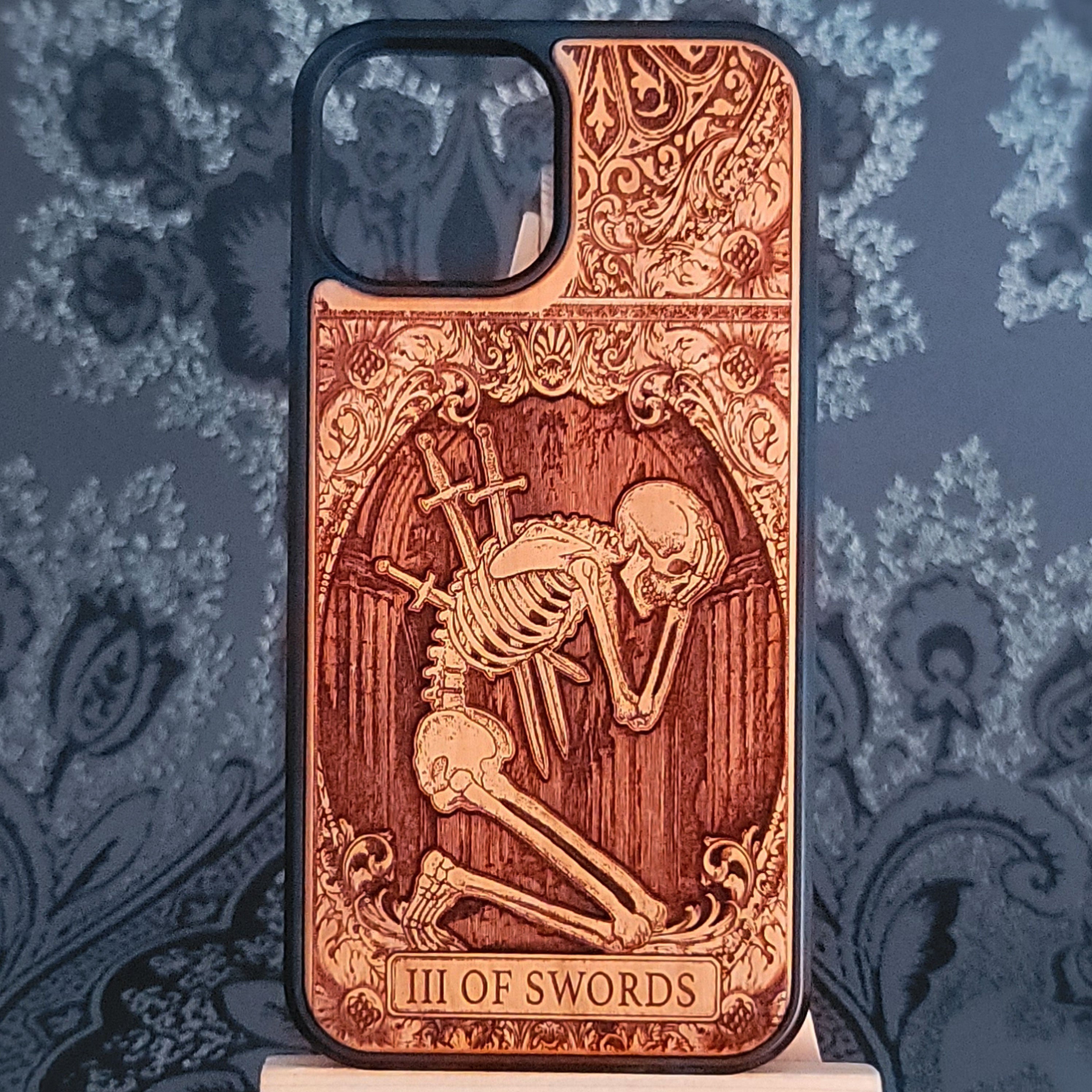 Three of Swords tarot card wood phone case for iPhone & Galaxy – gothic heartbreak design laser-engraved in wood