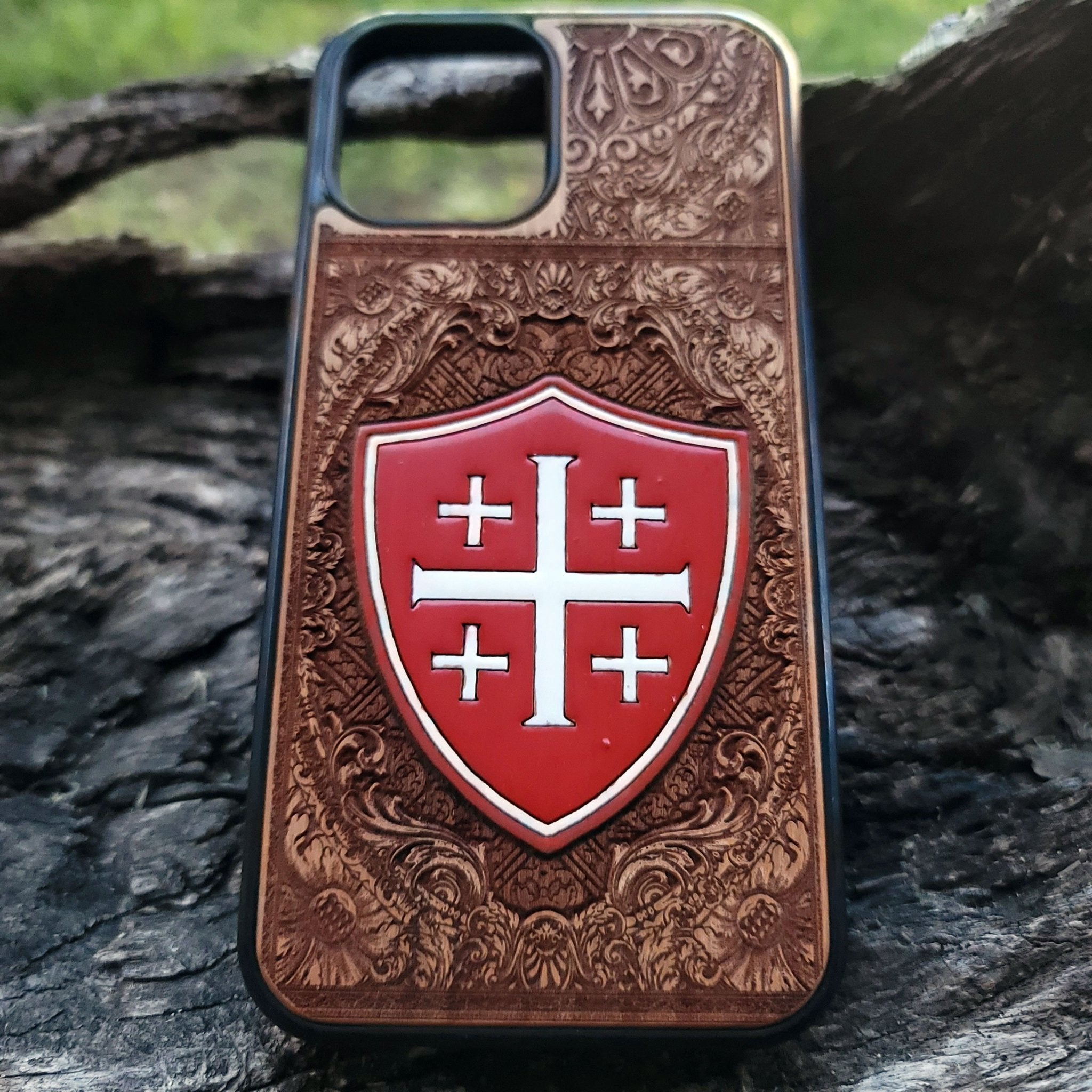 Gothic painted Jerusalem Cross wood phone cover iPhone
