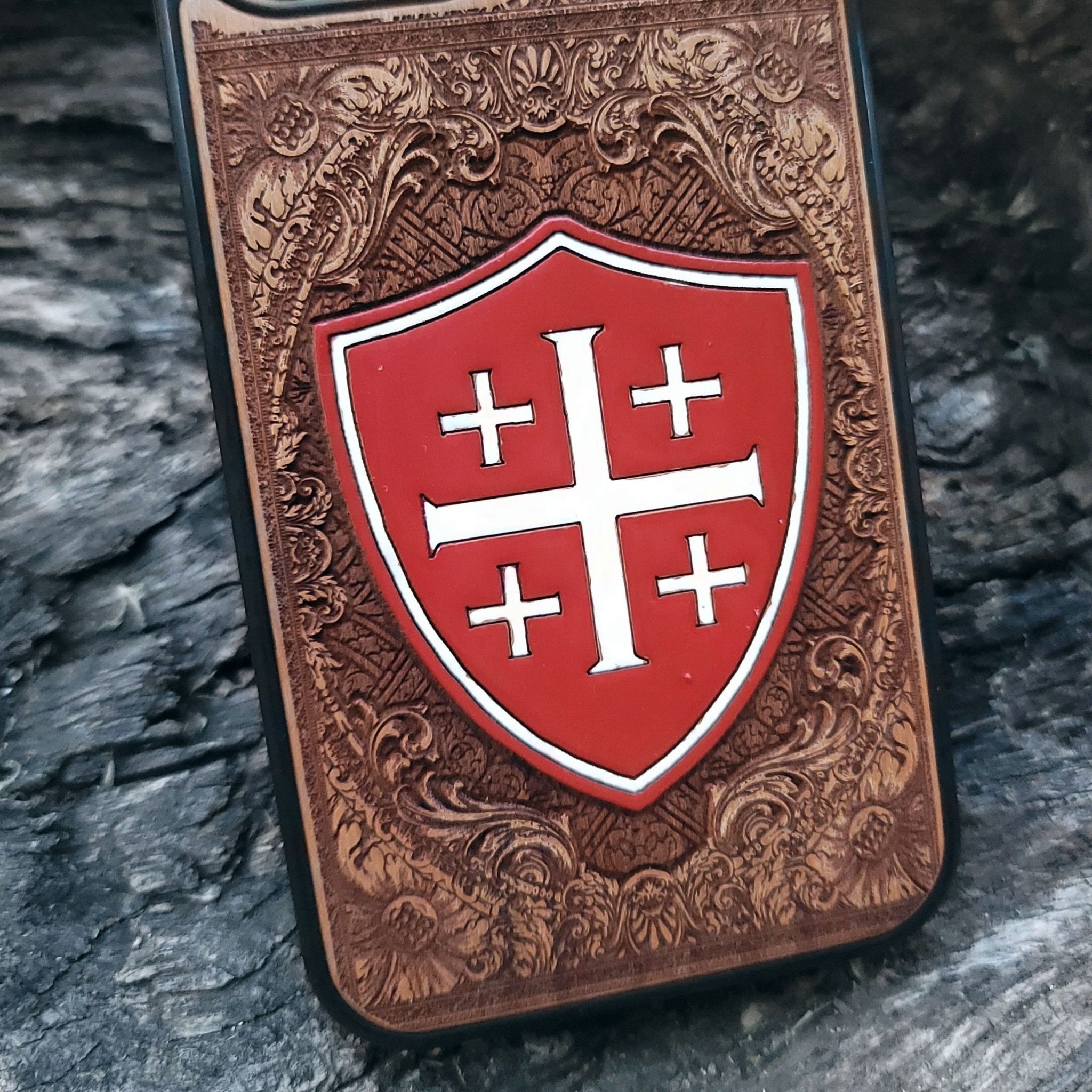 Gothic painted Jerusalem Cross wood phone cover iPhone