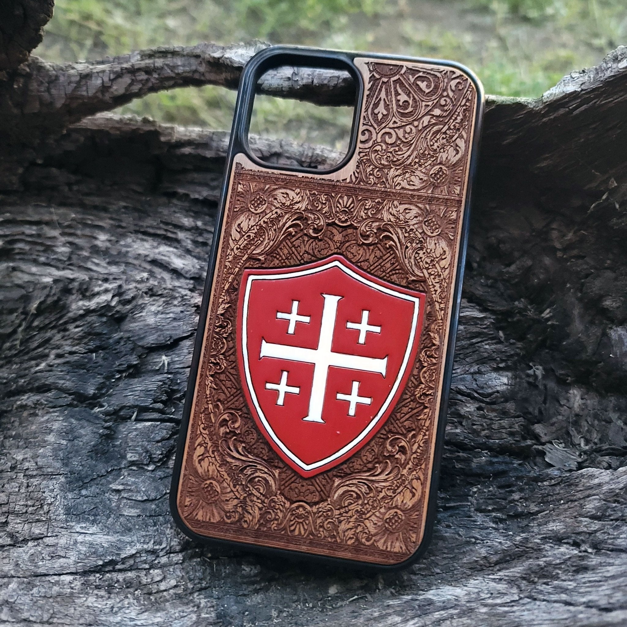 Gothic painted Jerusalem Cross wood phone cover iPhone