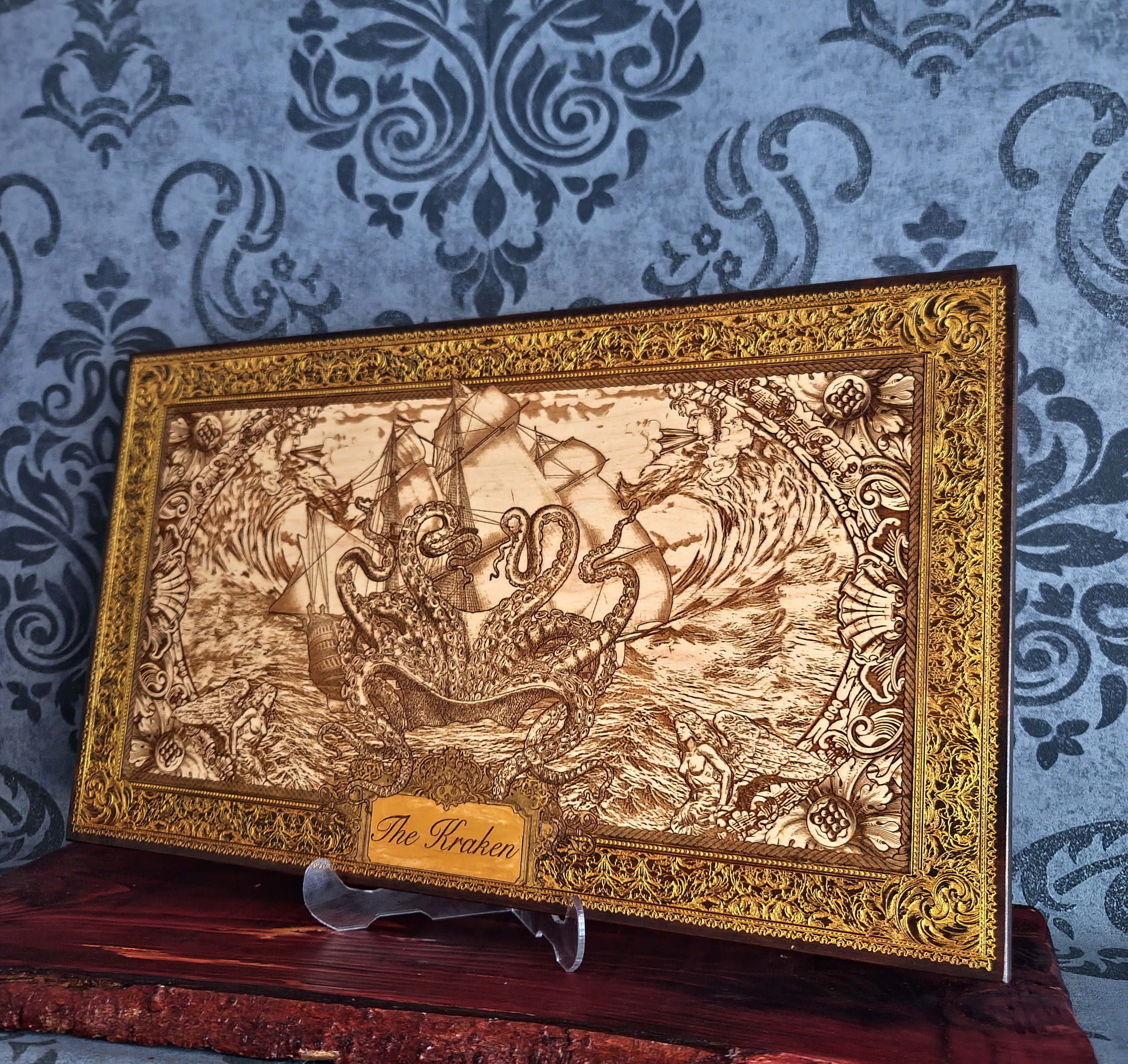 Extra-large Kraken engraved wood wall art, angled display view of the complete nautical artwork