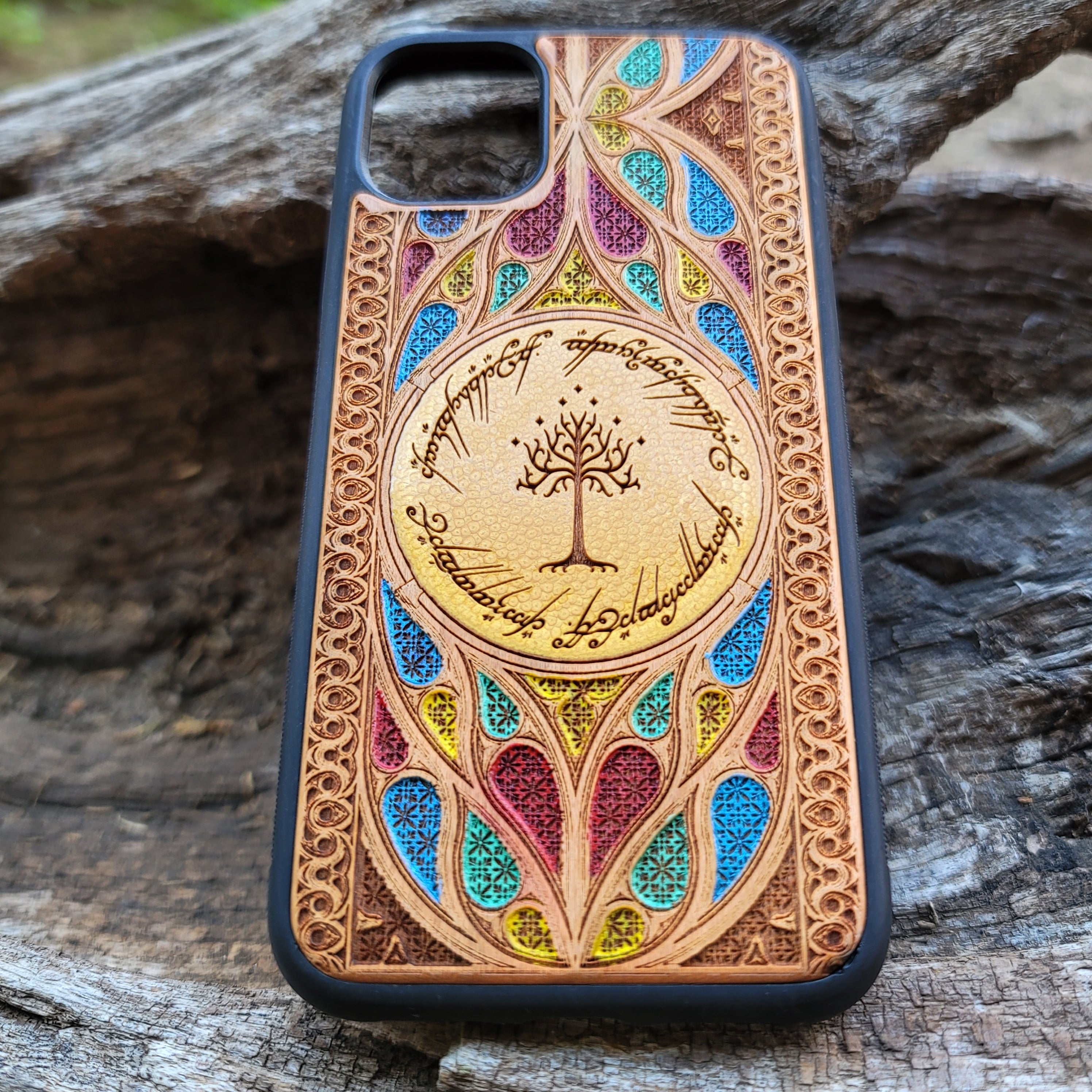 Lord of the Rings Gothic Design VII wood phone case with laser-engraved Gothic patterns inspired by Middle-Earth. Compatible with iPhone , 15, 14, 13, 12, 11 Pro Max Mini, and Samsung Galaxy S, S24, S23, S22, S21, S20 Ultra Plus, Note 20. Unique, stylish, and protective for LOTR fans.