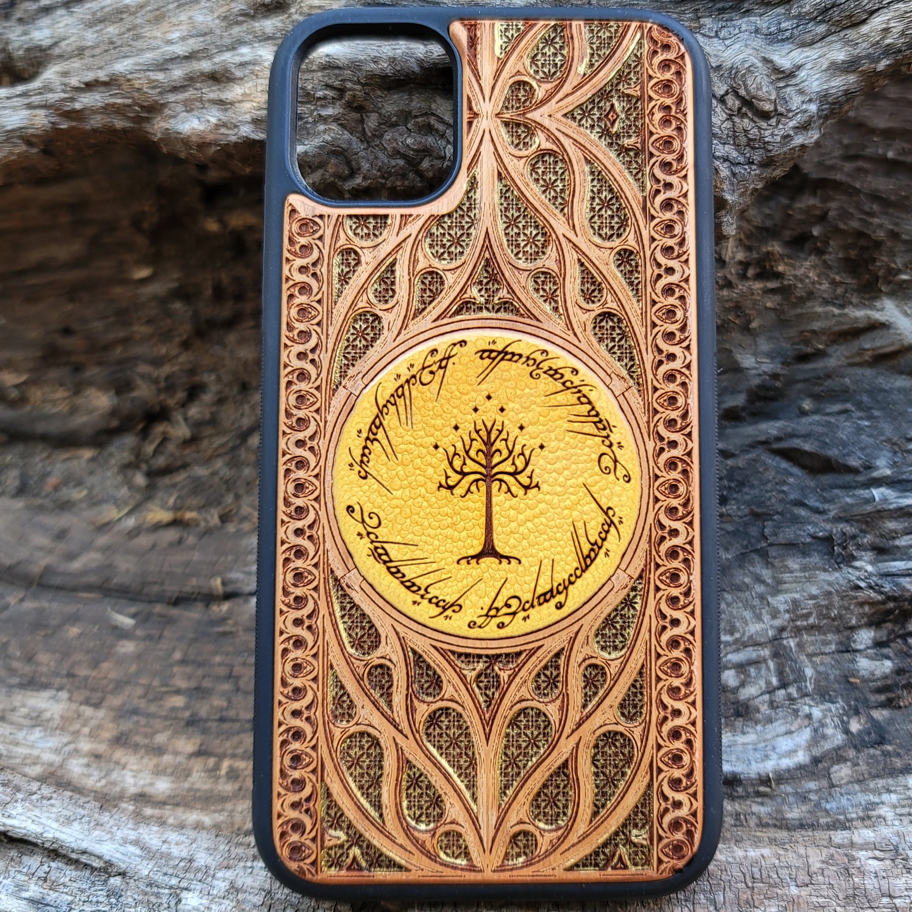 Gothic Lord of the Rings wood phone case featuring a laser-engraved detailed design inspired by Tolkien’s universe. Compatible with iPhone , 15, 14, 13, 12, 11 Pro Max Mini, and Samsung Galaxy S, S24, S23, S22, S21, S20 Ultra, Plus, Note 20. Unique, stylish, and durable for LOTR enthusiasts.