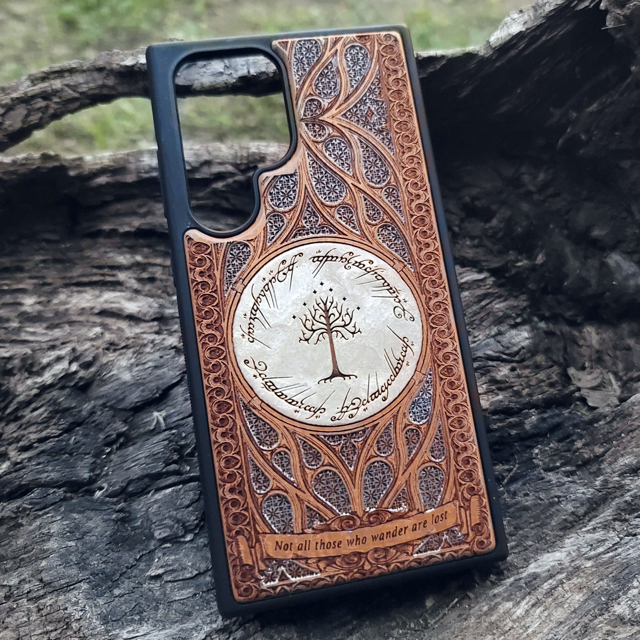 The Dark Tower from Lord of the Rings engraved on a wooden phone case, compatible with iPhone and Samsung Galaxy S.