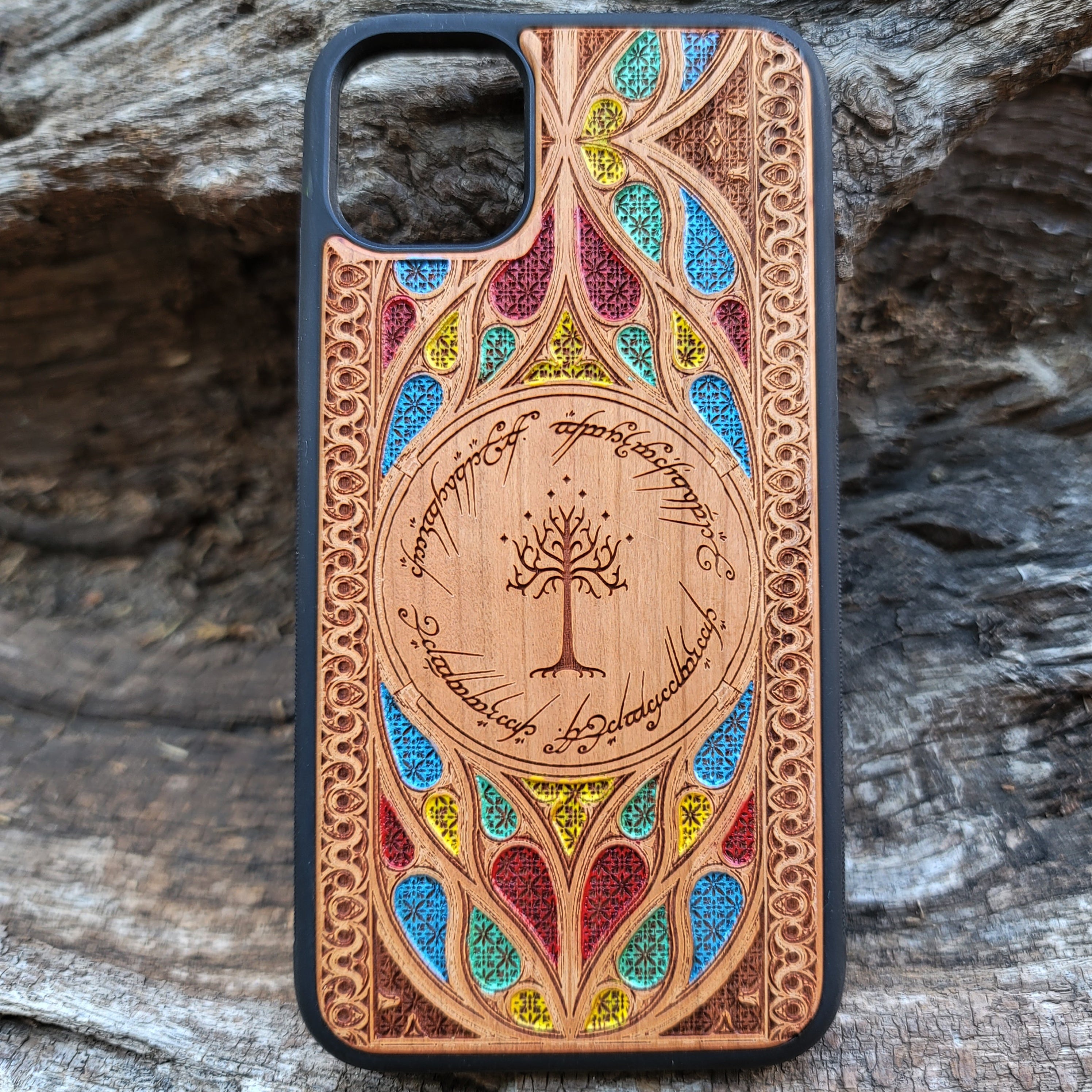 Wood Phone Case for iPhone and Samsung Galaxy featuring laser-engraved runic inscription and Gothic pattern design. Compatible with iPhone 15, 14, 13, 12, 11 Pro Max Mini and Samsung Galaxy S24, S23, S22, S21, S20 Ultra Plus Note 20. Slim, durable, and unique for enhanced aesthetic. Order now!