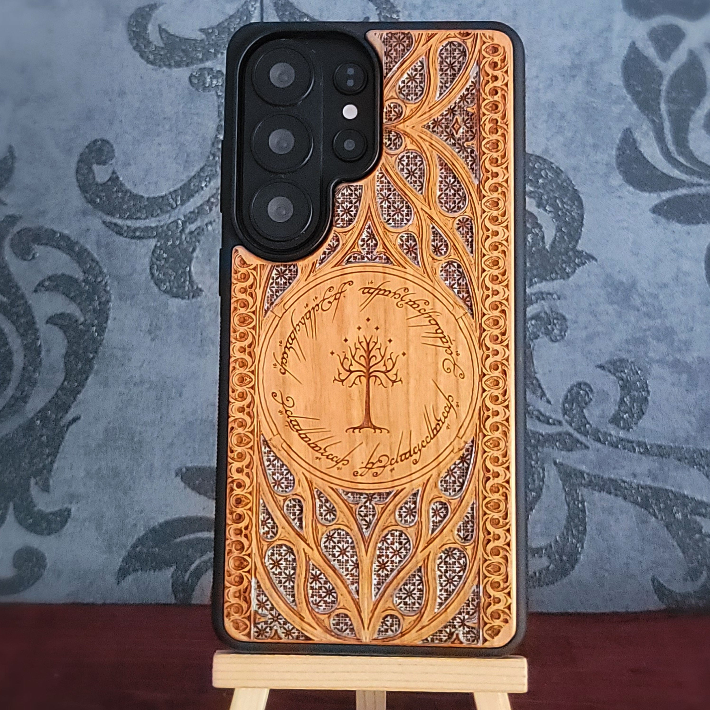 Lord of the Rings Gothic Design IV Silver wood phone case featuring intricate laser-engraved Gothic patterns.