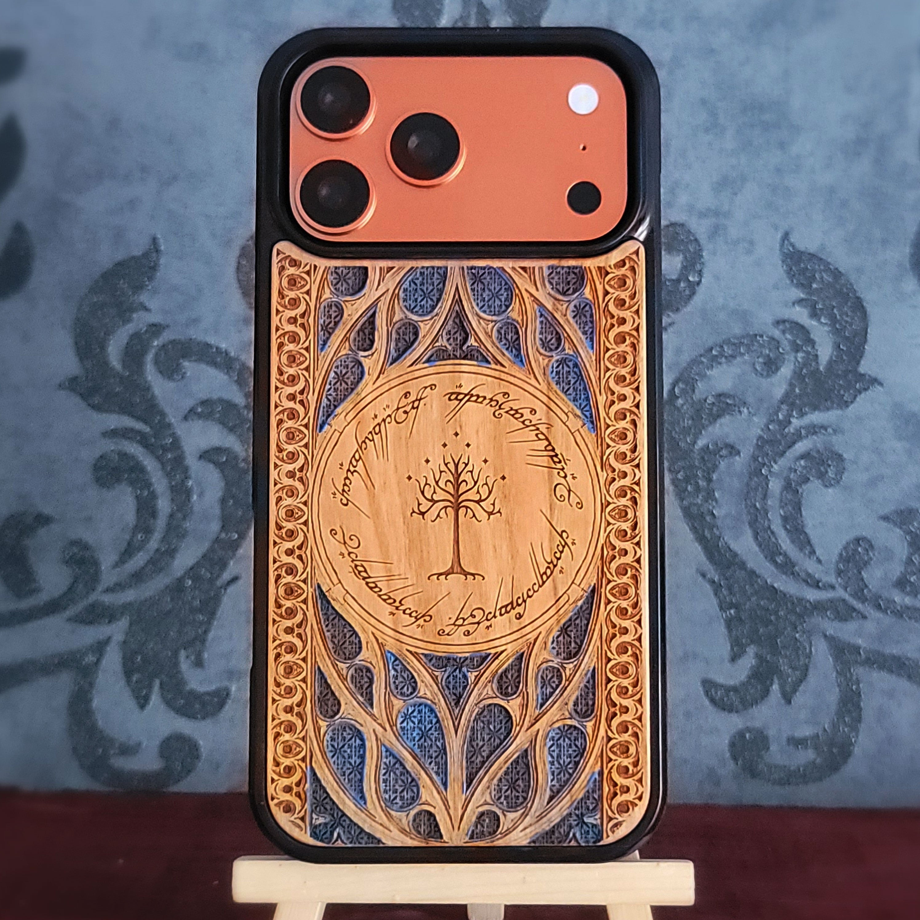 blue hand painted wood phone case
