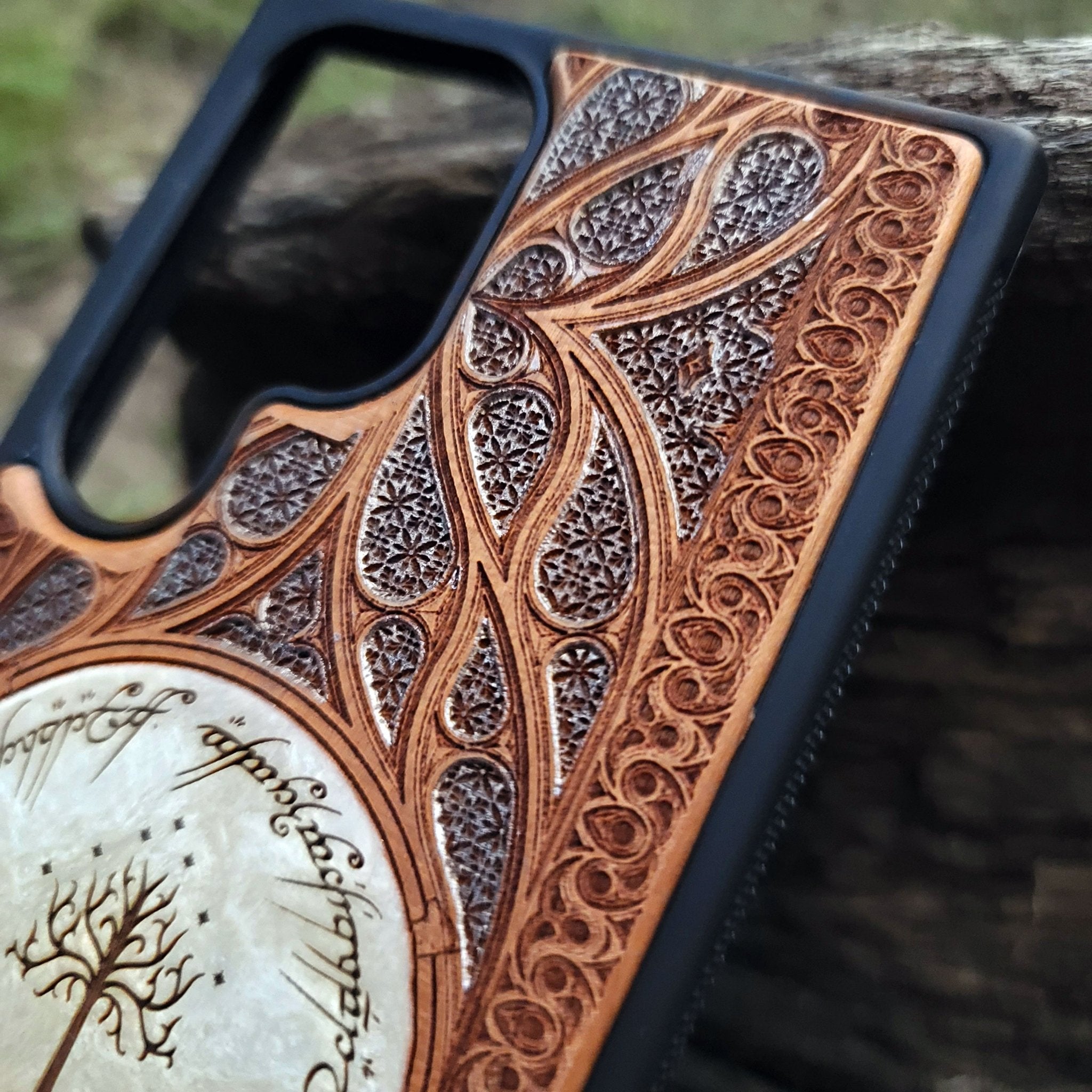 The Dark Tower from Lord of the Rings engraved on a wooden phone case, compatible with iPhone and Samsung Galaxy S.
