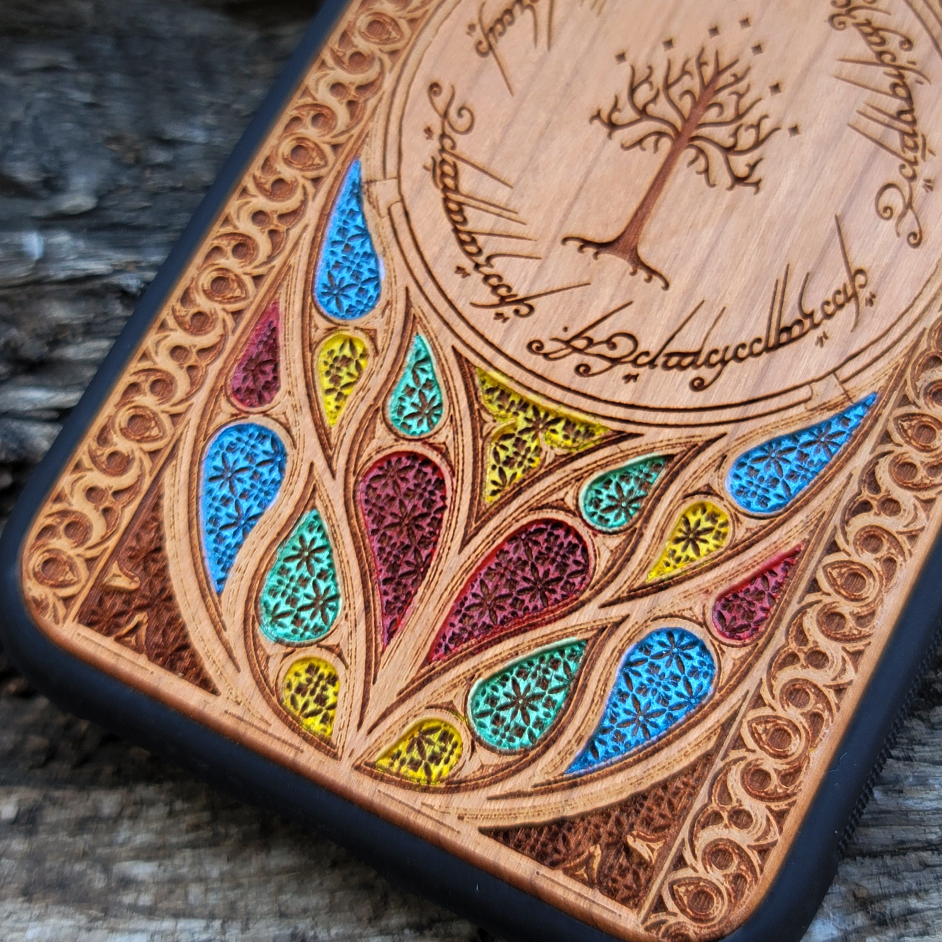 Wood Phone Case for iPhone and Samsung Galaxy featuring laser-engraved runic inscription and Gothic pattern design. Compatible with iPhone 15, 14, 13, 12, 11 Pro Max Mini and Samsung Galaxy S24, S23, S22, S21, S20 Ultra Plus Note 20. Slim, durable, and unique for enhanced aesthetic. Order now!