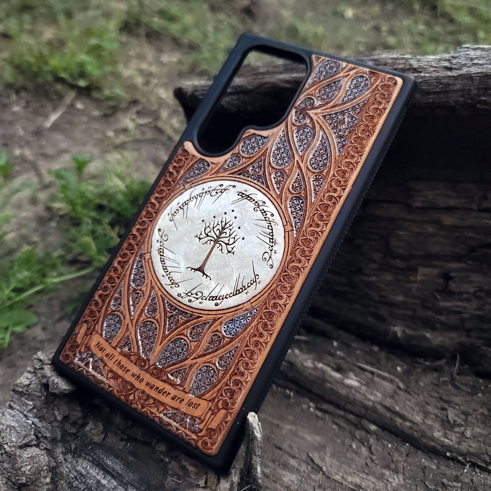 The Dark Tower from Lord of the Rings engraved on a wooden phone case, compatible with iPhone and Samsung Galaxy S.