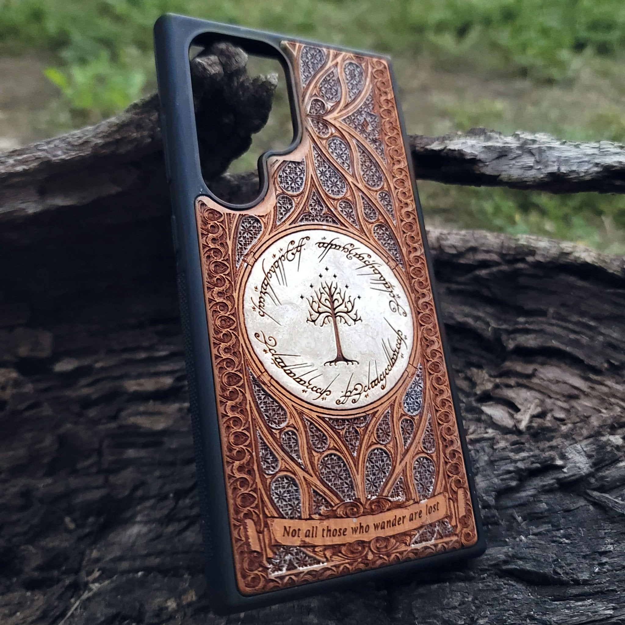 The Dark Tower from Lord of the Rings engraved on a wooden phone case, compatible with iPhone and Samsung Galaxy S.