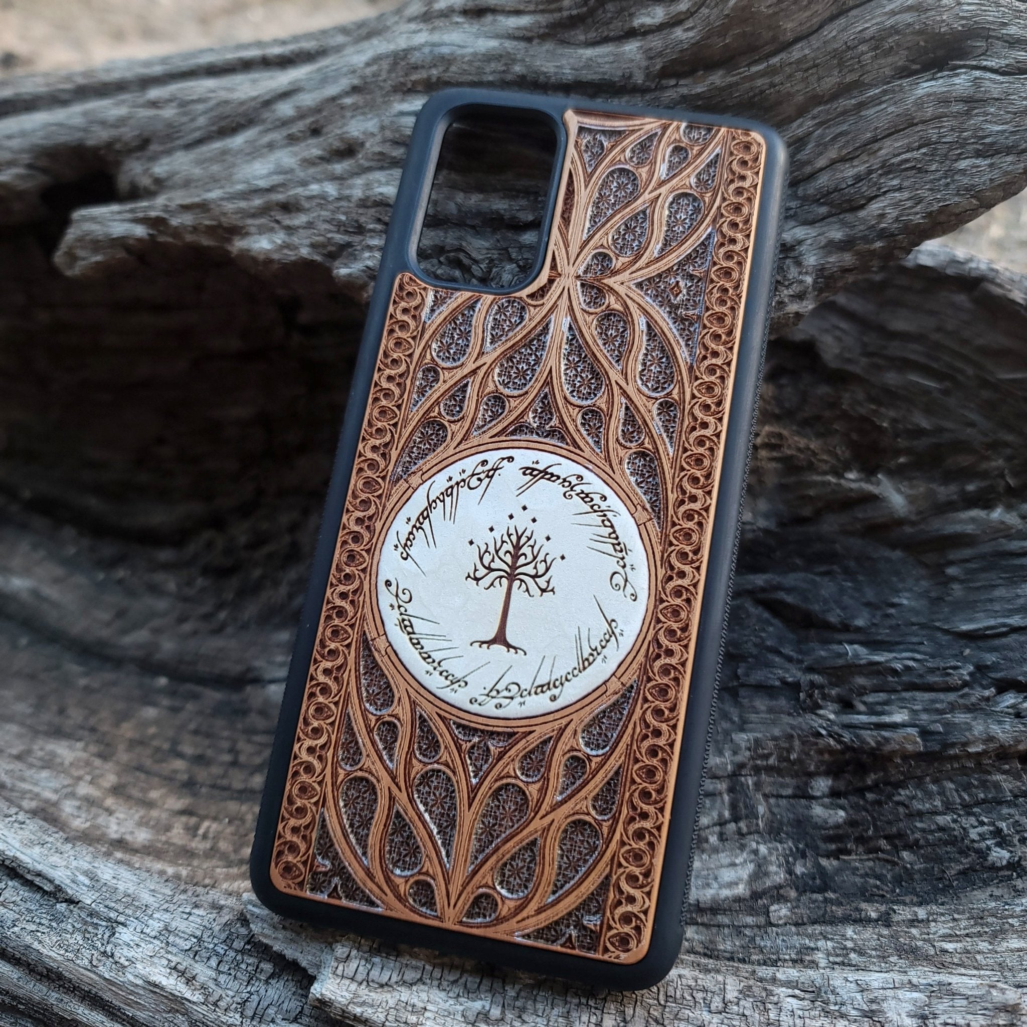 Wooden phone case for iPhone and Samsung Galaxy featuring a runic inscription and Gothic pattern design, laser-engraved for a unique look. Slim, durable, and compatible with iPhone 15, 14, 13, 12, 11 Pro Max Mini, and Samsung Galaxy S24, S23, S22, S21, S20 Ultra, Plus, Note 20. Order now for a stylish and functional phone upgrade!