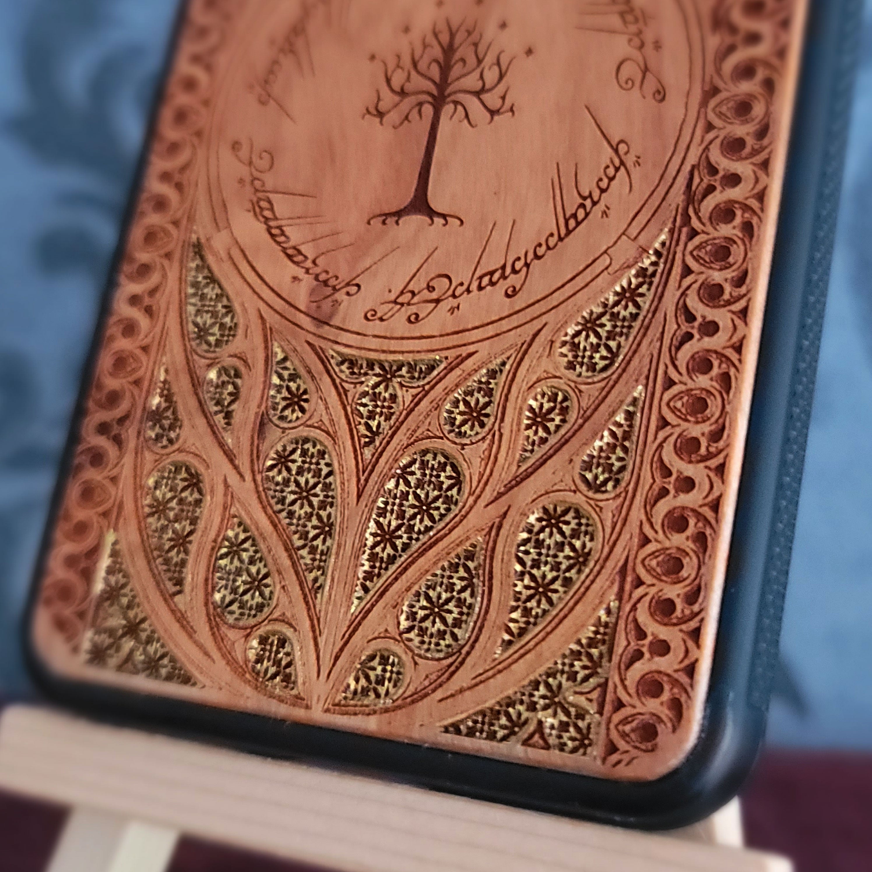 LOTR Wood Phone Case - Gothic Pattern Gold Hand Painted