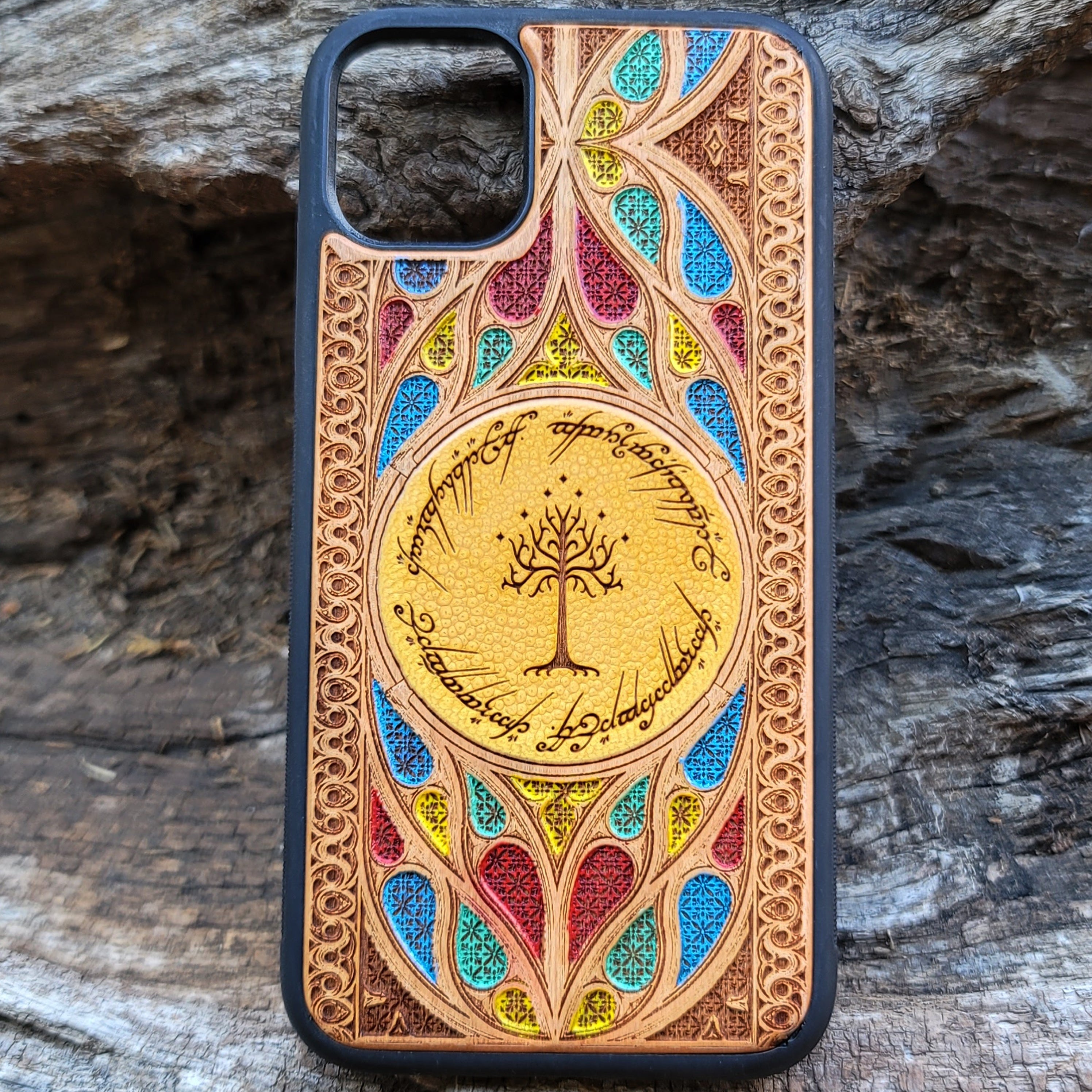 Lord of the Rings Gothic Design VII wood phone case with laser-engraved Gothic patterns inspired by Middle-Earth. Compatible with iPhone , 15, 14, 13, 12, 11 Pro Max Mini, and Samsung Galaxy S, S24, S23, S22, S21, S20 Ultra Plus, Note 20. Unique, stylish, and protective for LOTR fans.