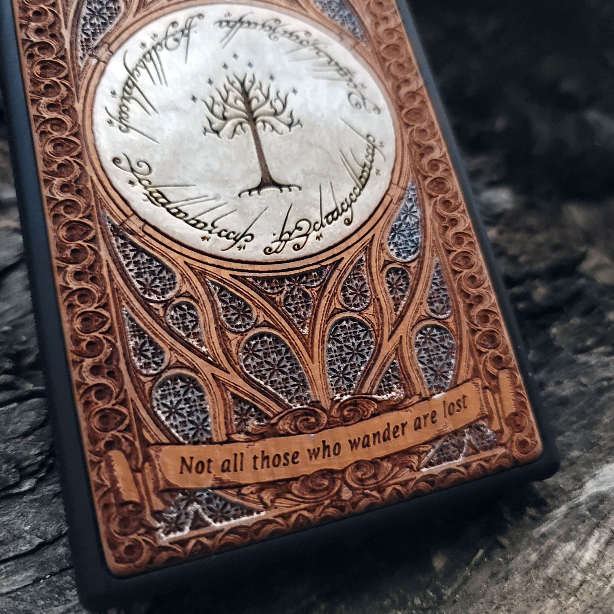The Dark Tower from Lord of the Rings engraved on a wooden phone case, compatible with iPhone and Samsung Galaxy S.