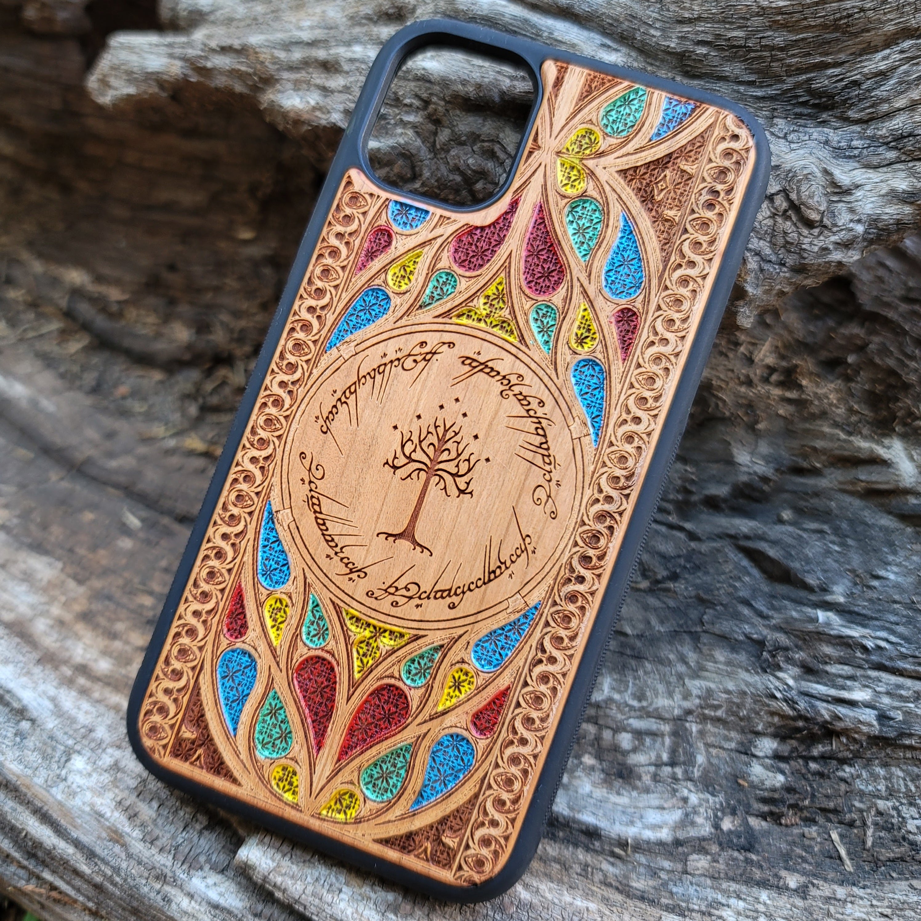 Wood Phone Case for iPhone and Samsung Galaxy featuring laser-engraved runic inscription and Gothic pattern design. Compatible with iPhone 15, 14, 13, 12, 11 Pro Max Mini and Samsung Galaxy S24, S23, S22, S21, S20 Ultra Plus Note 20. Slim, durable, and unique for enhanced aesthetic. Order now!