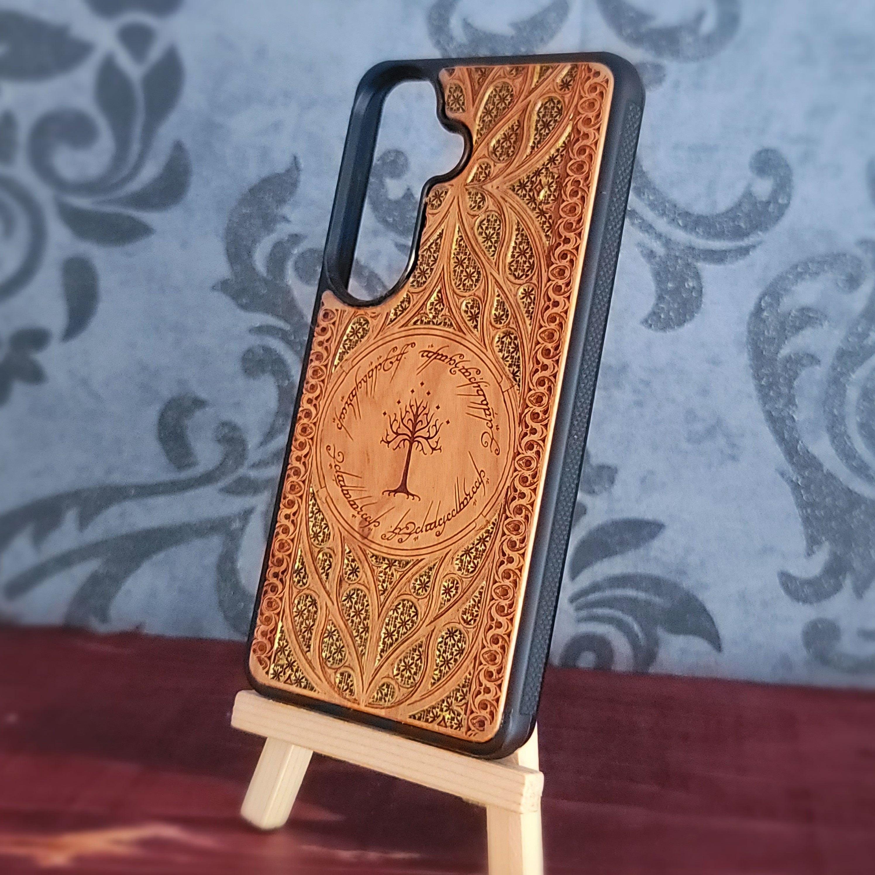 LOTR Wood Phone Case - Gothic Pattern Gold Hand Painted