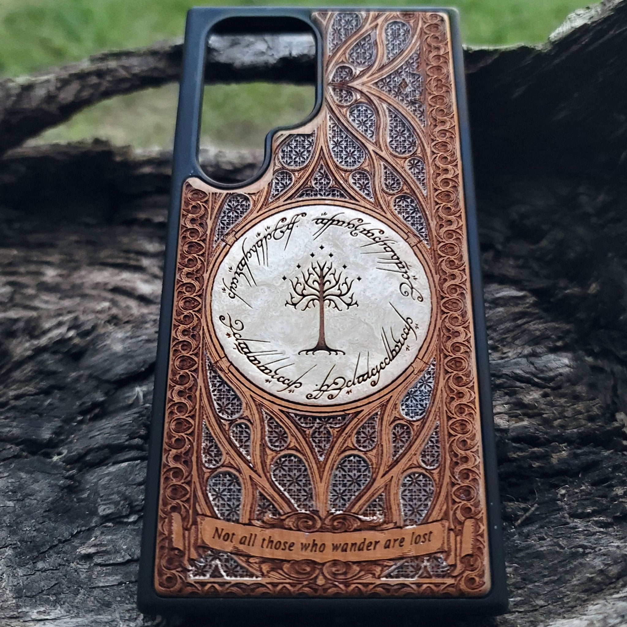 The Dark Tower from Lord of the Rings engraved on a wooden phone case, compatible with iPhone and Samsung Galaxy S.