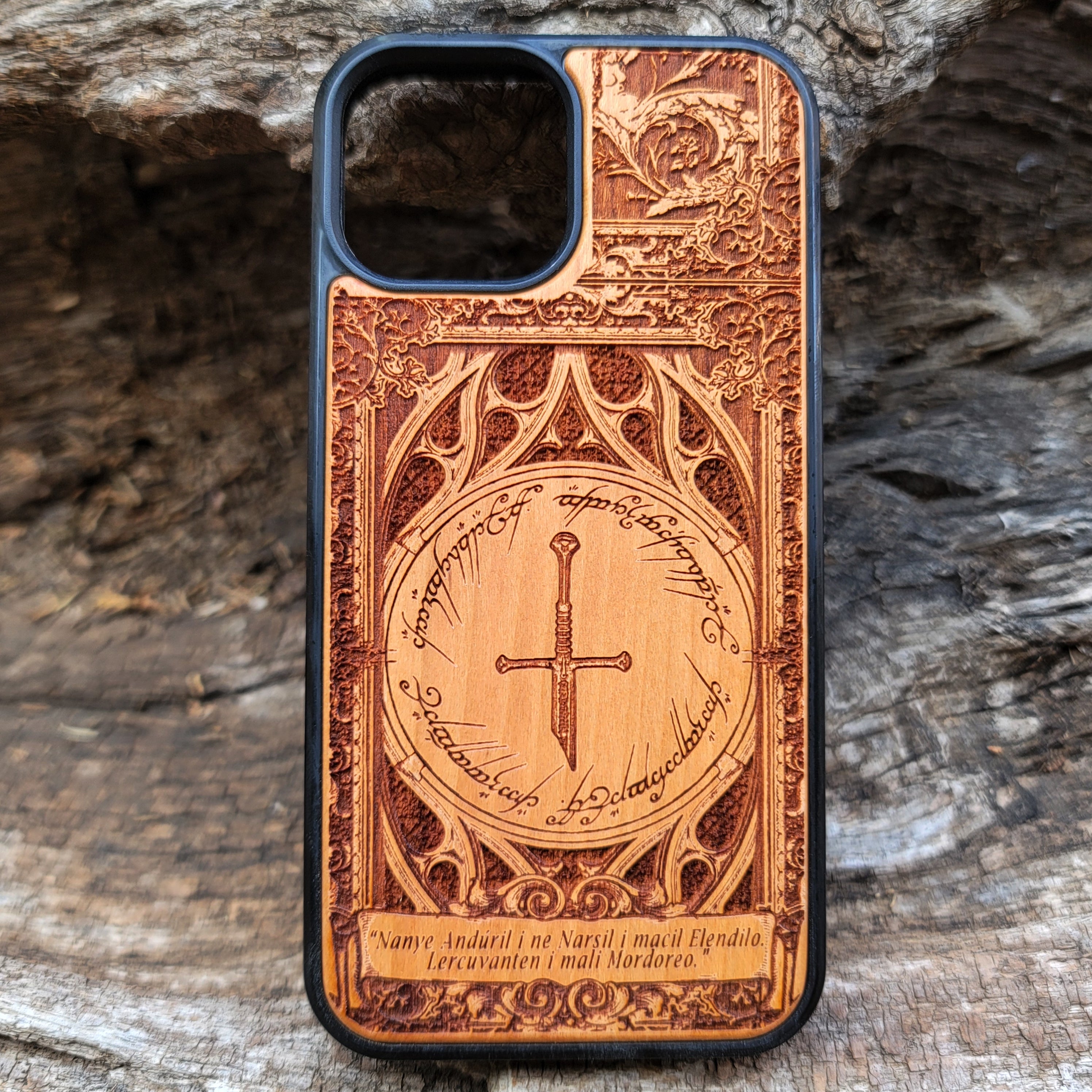 Lord of the Rings sword and symbol wood phone case, laser engraved design
