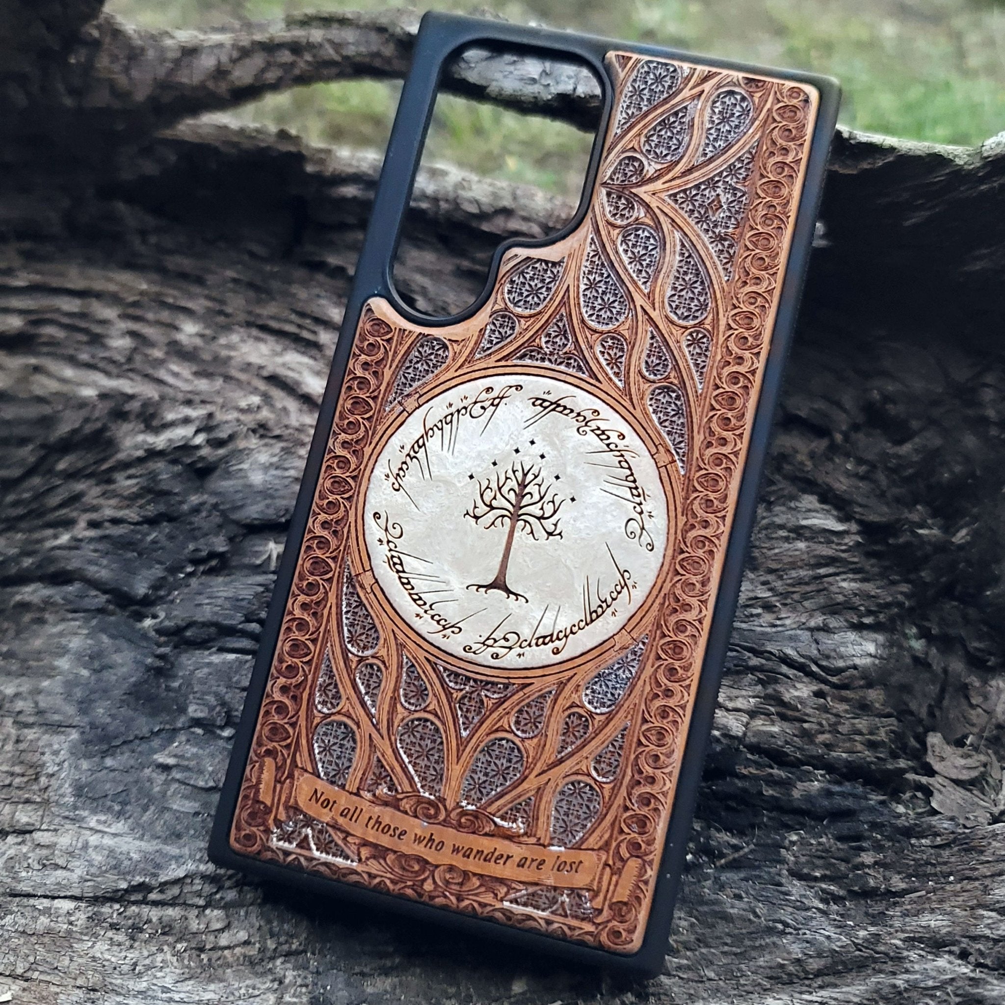 The Dark Tower from Lord of the Rings engraved on a wooden phone case, compatible with iPhone and Samsung Galaxy S.