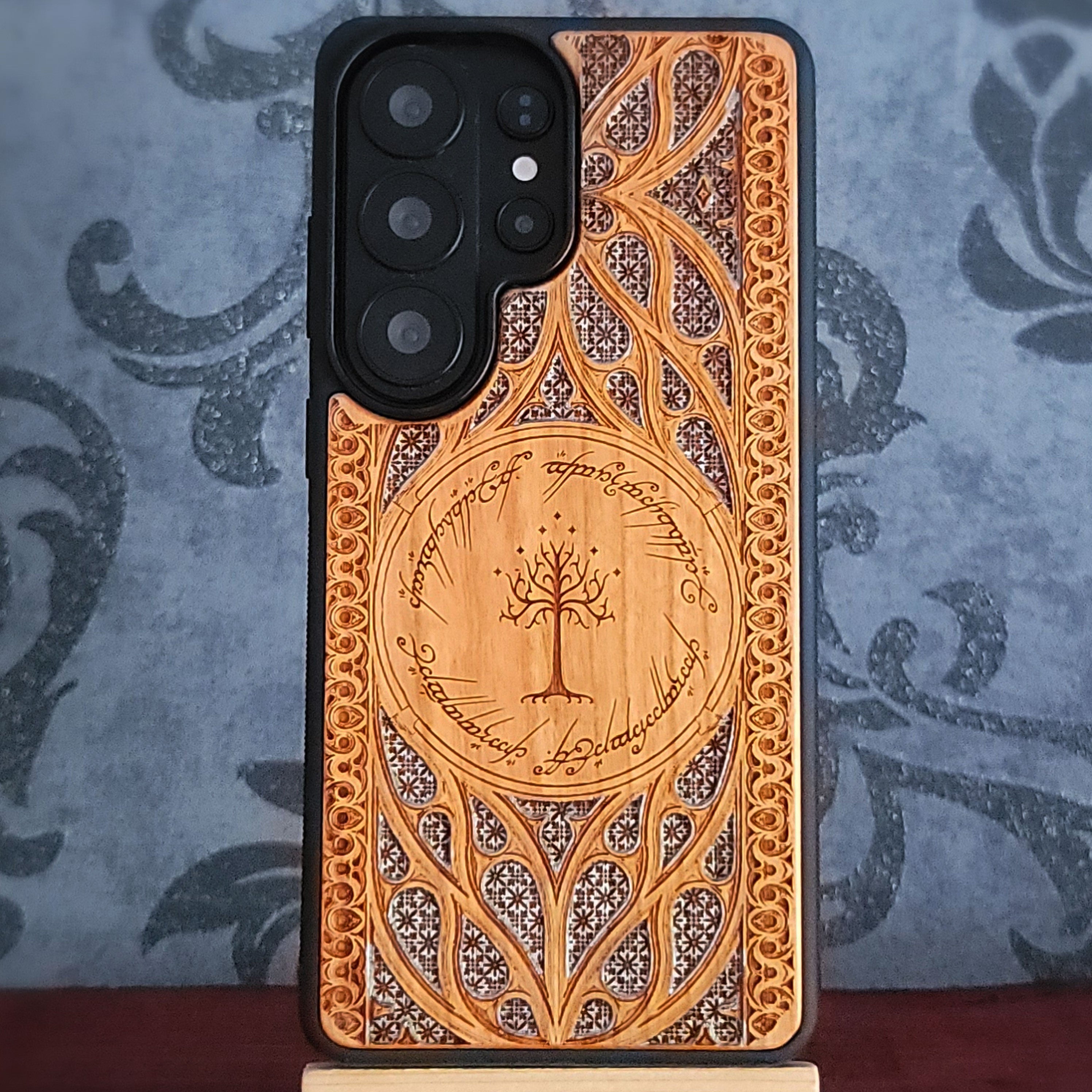 Lord of the Rings Gothic Design IV Silver wood phone case featuring intricate laser-engraved Gothic patterns.