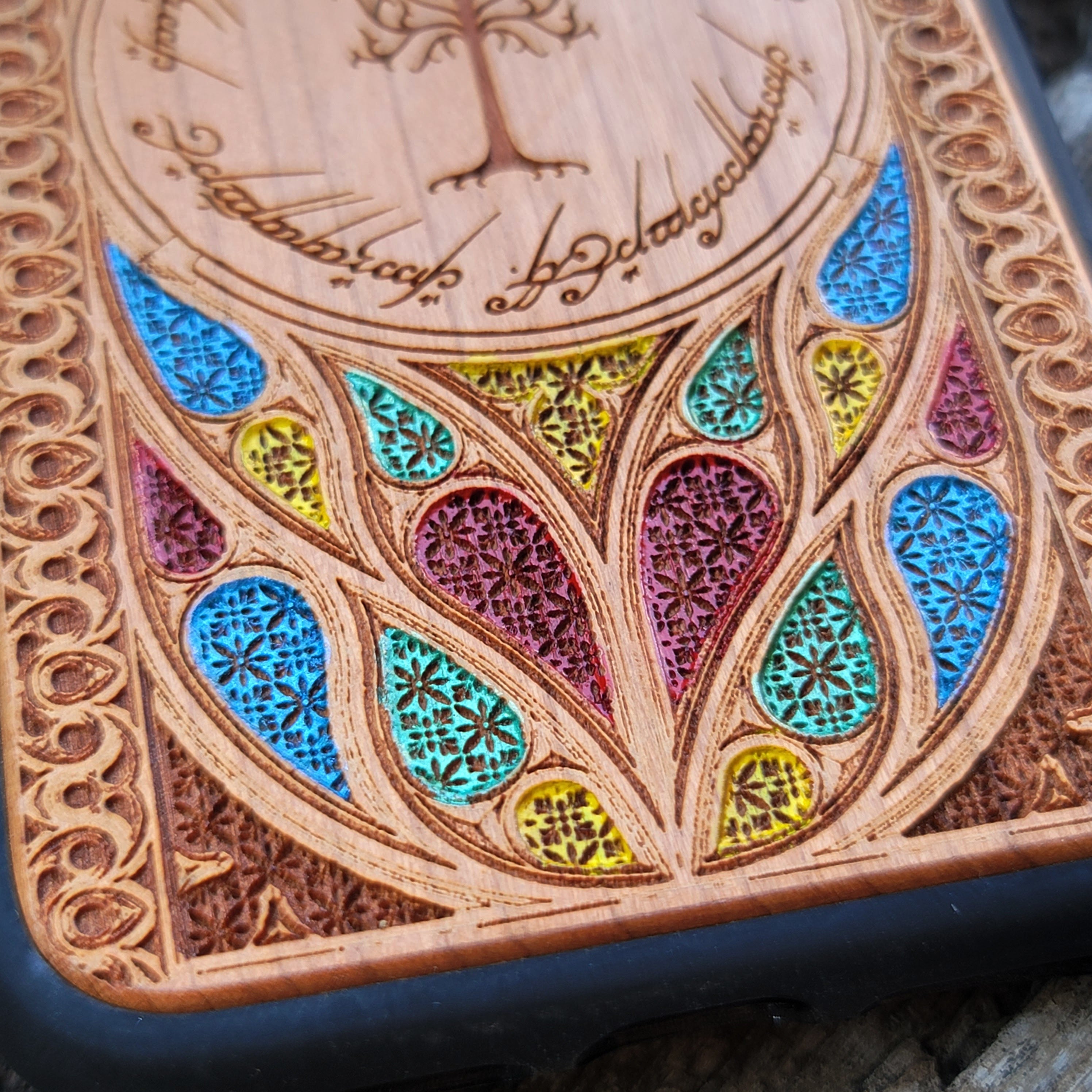 Wood Phone Case for iPhone and Samsung Galaxy featuring laser-engraved runic inscription and Gothic pattern design. Compatible with iPhone 15, 14, 13, 12, 11 Pro Max Mini and Samsung Galaxy S24, S23, S22, S21, S20 Ultra Plus Note 20. Slim, durable, and unique for enhanced aesthetic. Order now!