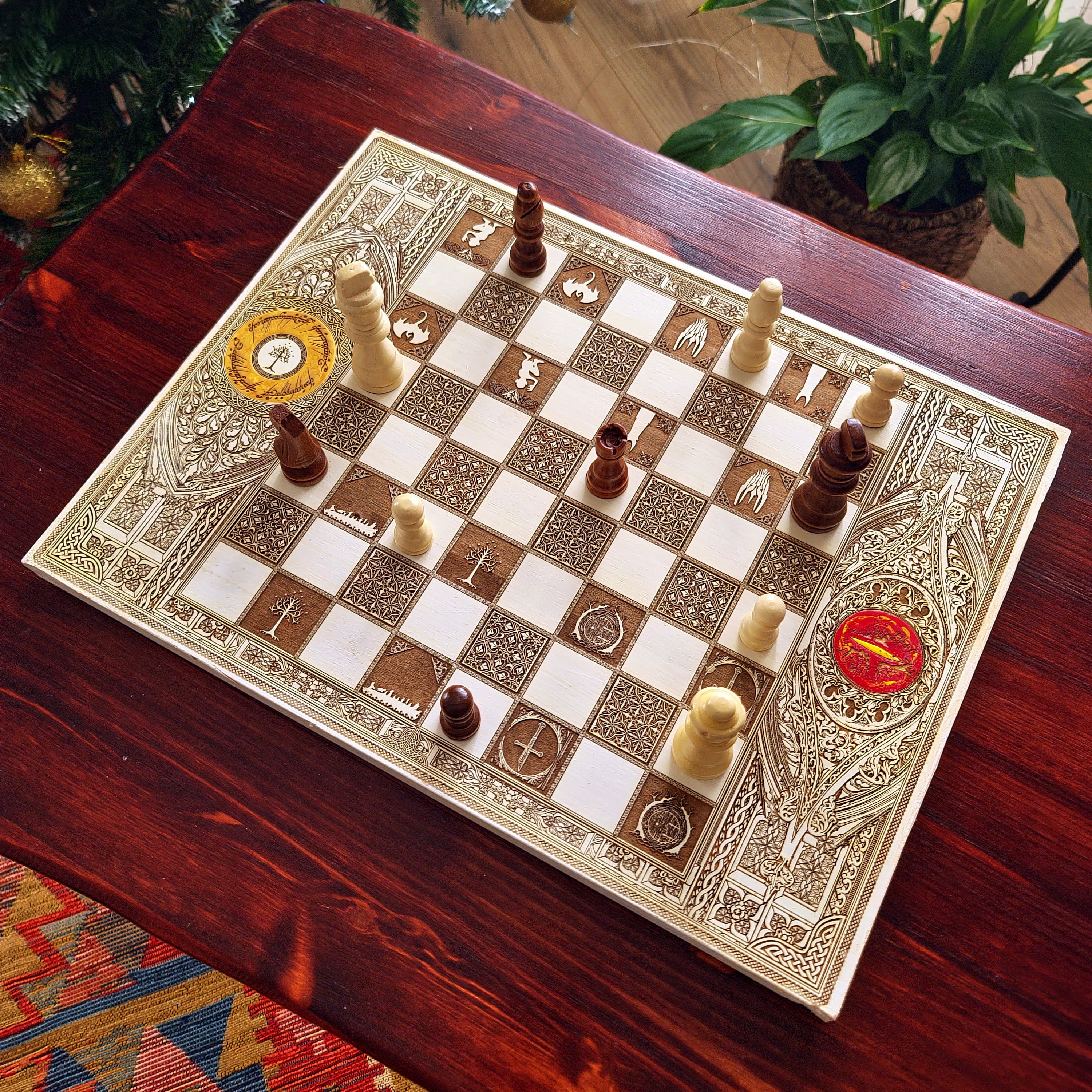 Decorative chessboard with pieces on a wooden table