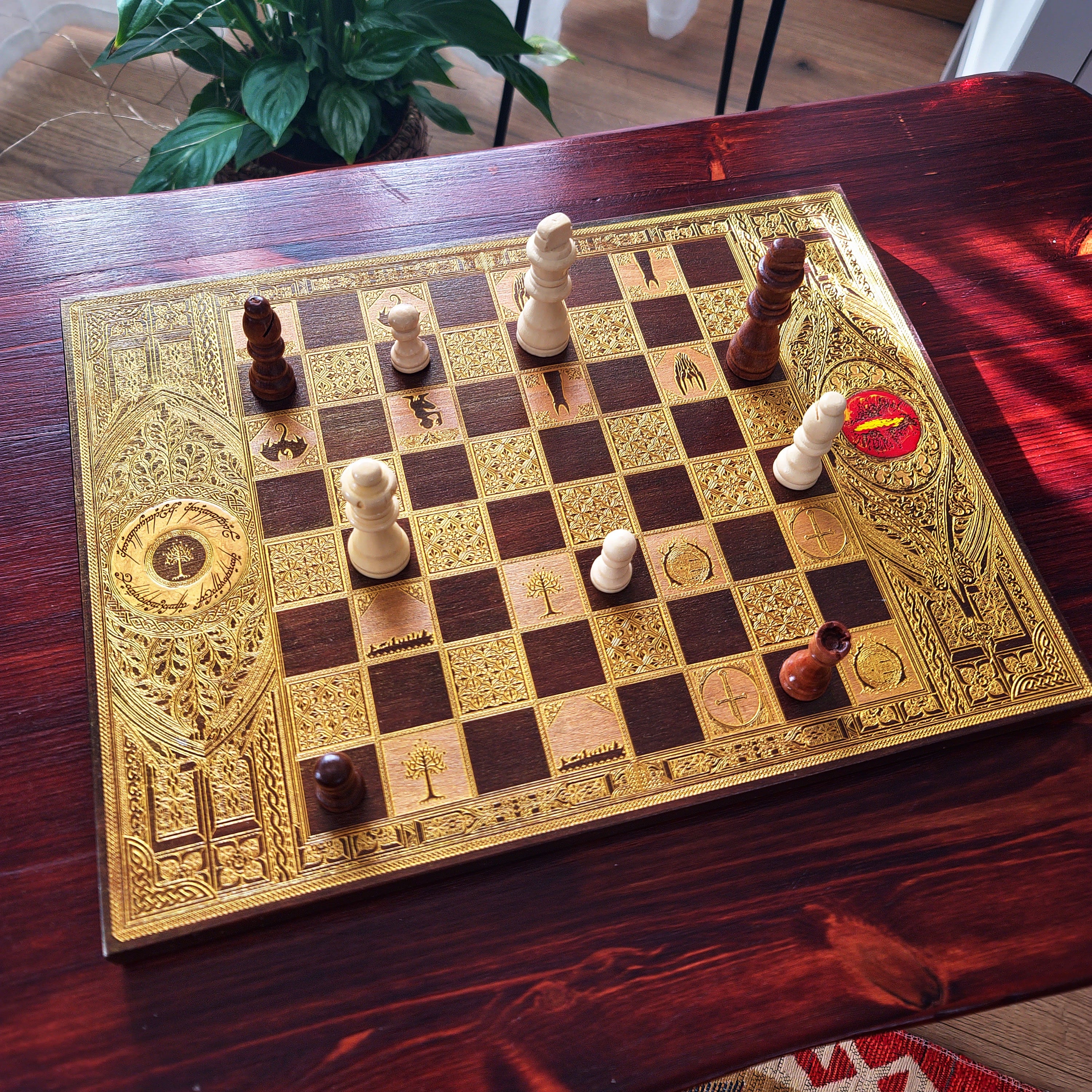 Fantasy Movie Chess Board - Walnut & Gold - A3 Large Size