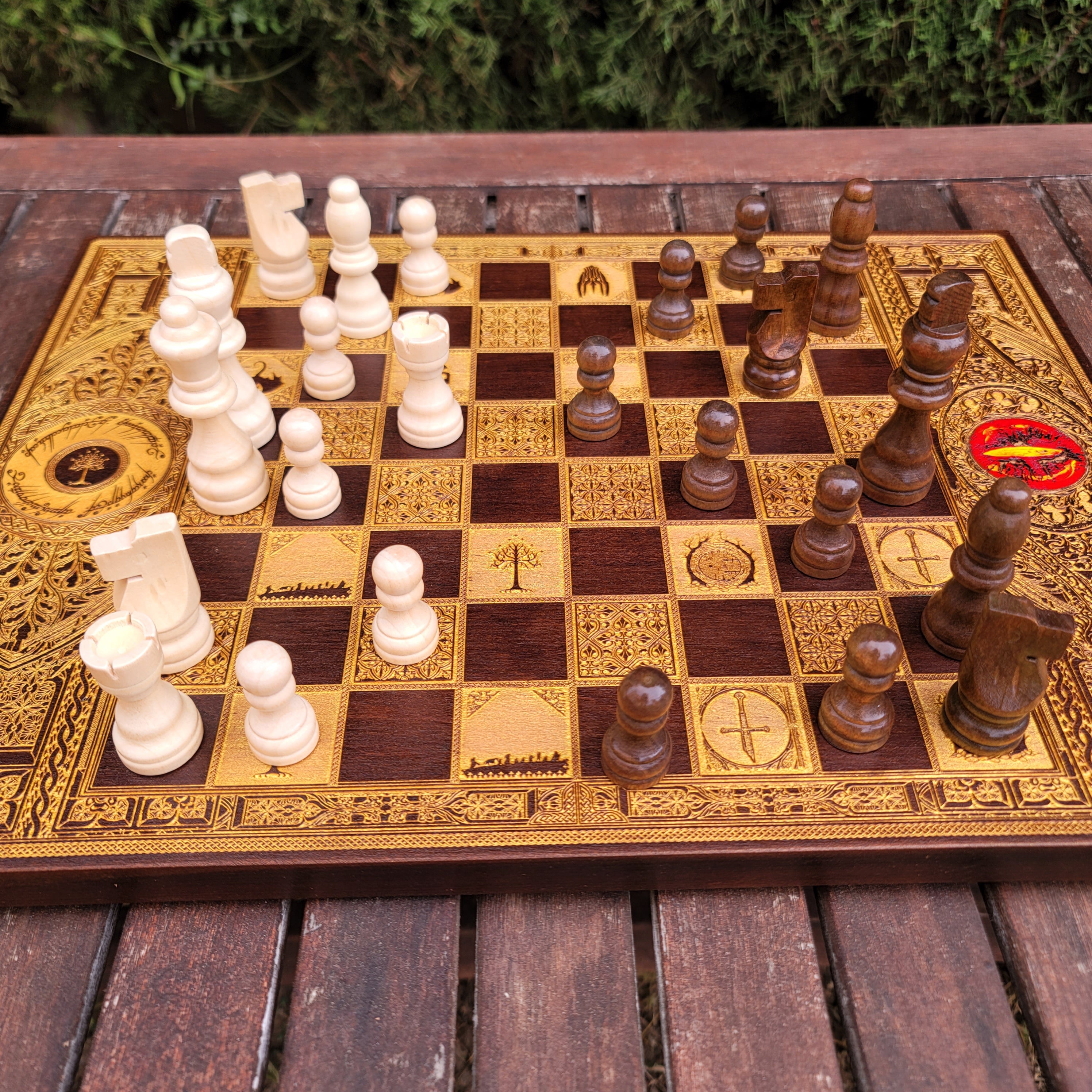 Fantasy Movie Chess Board - Walnut & Gold - A3 Large Size