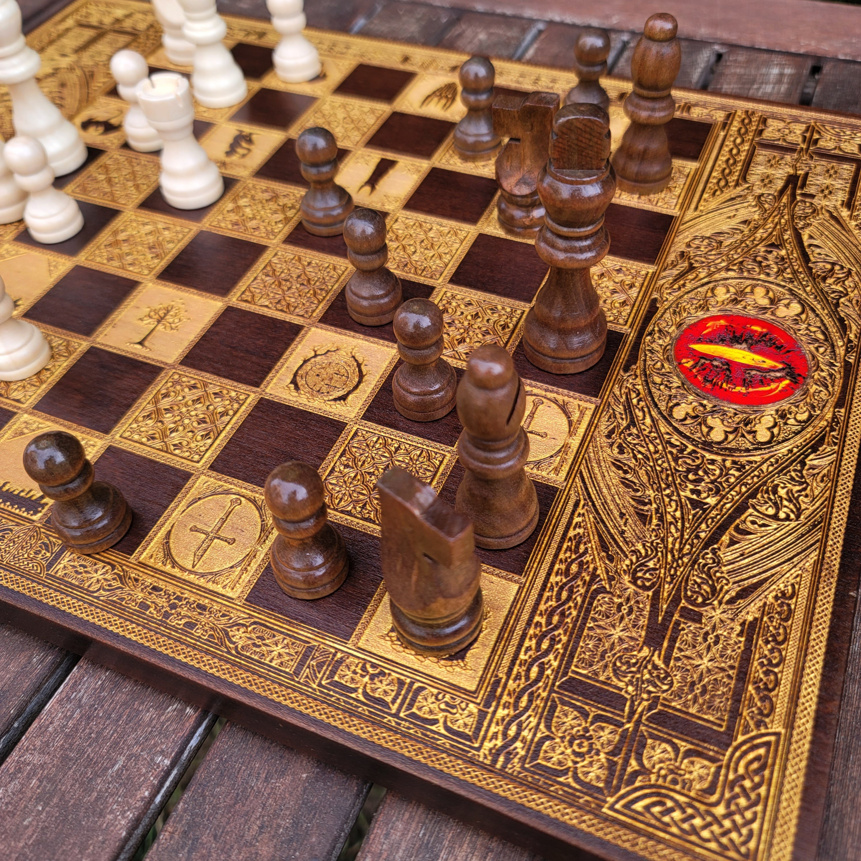 Fantasy Movie Chess Board - Walnut & Gold - A3 Large Size