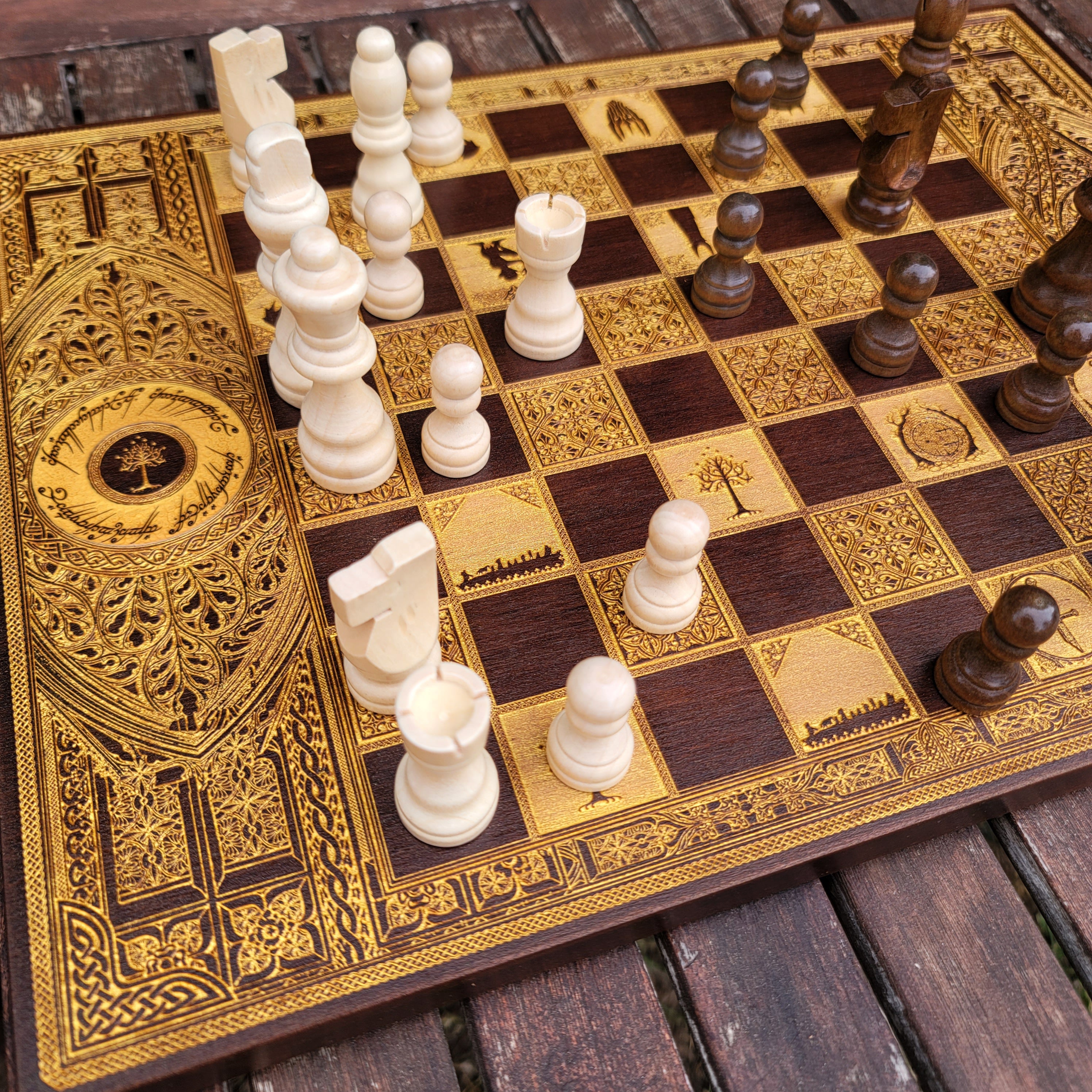 Fantasy Movie Chess Board - Walnut & Gold - A3 Large Size