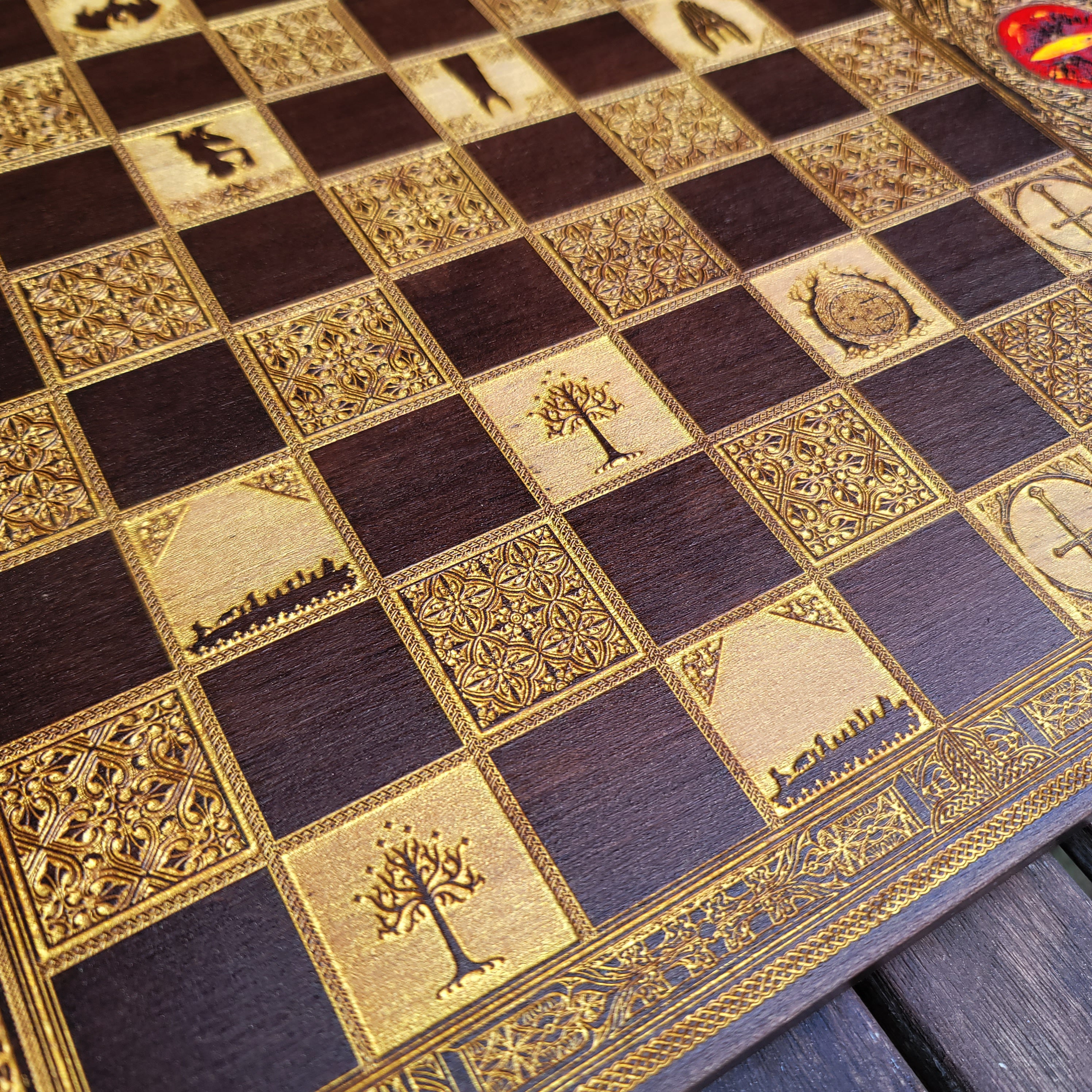 Fantasy Movie Chess Board - Walnut & Gold - A3 Large Size