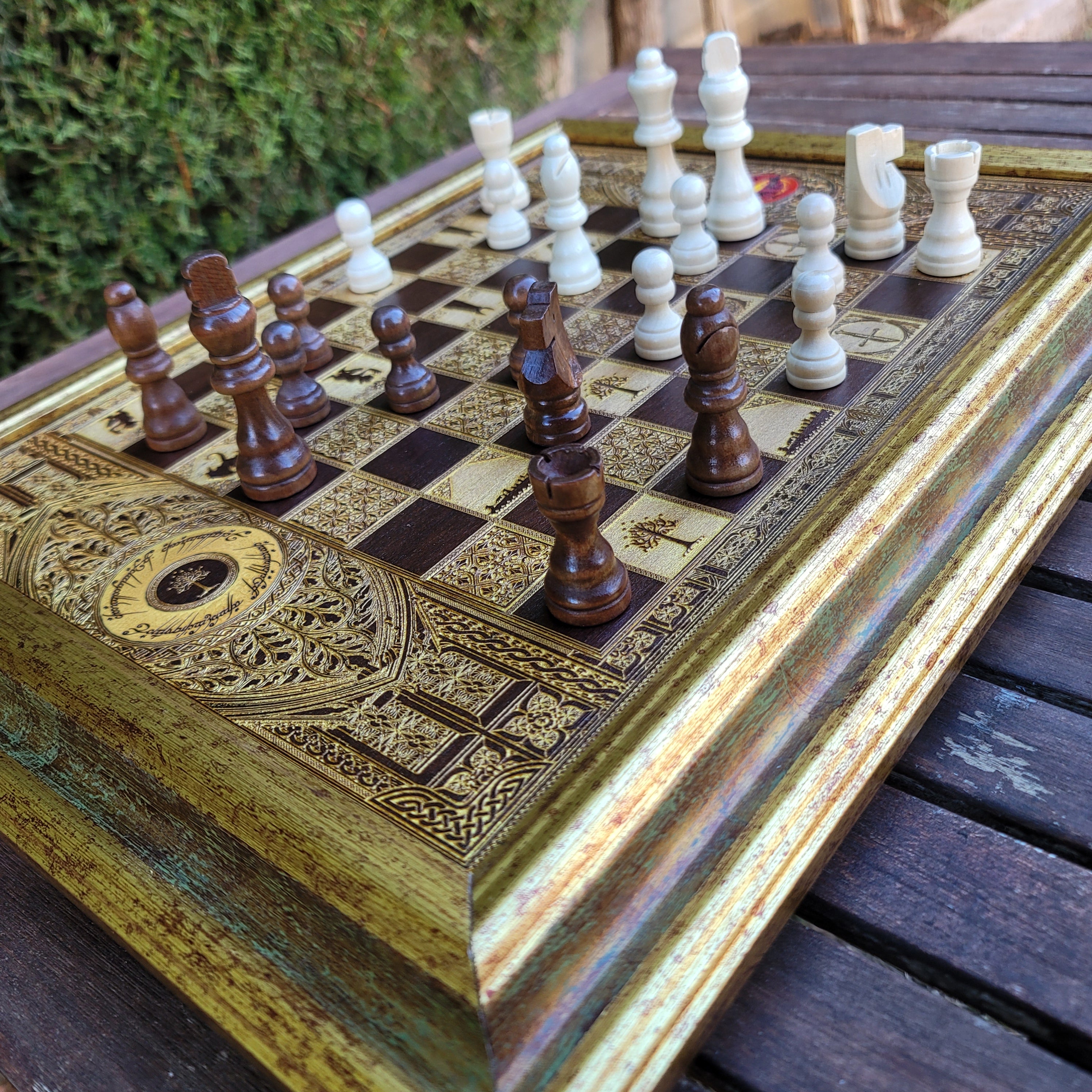 Fantasy Movie Chess Board - Walnut & Gold - A3 Large Size