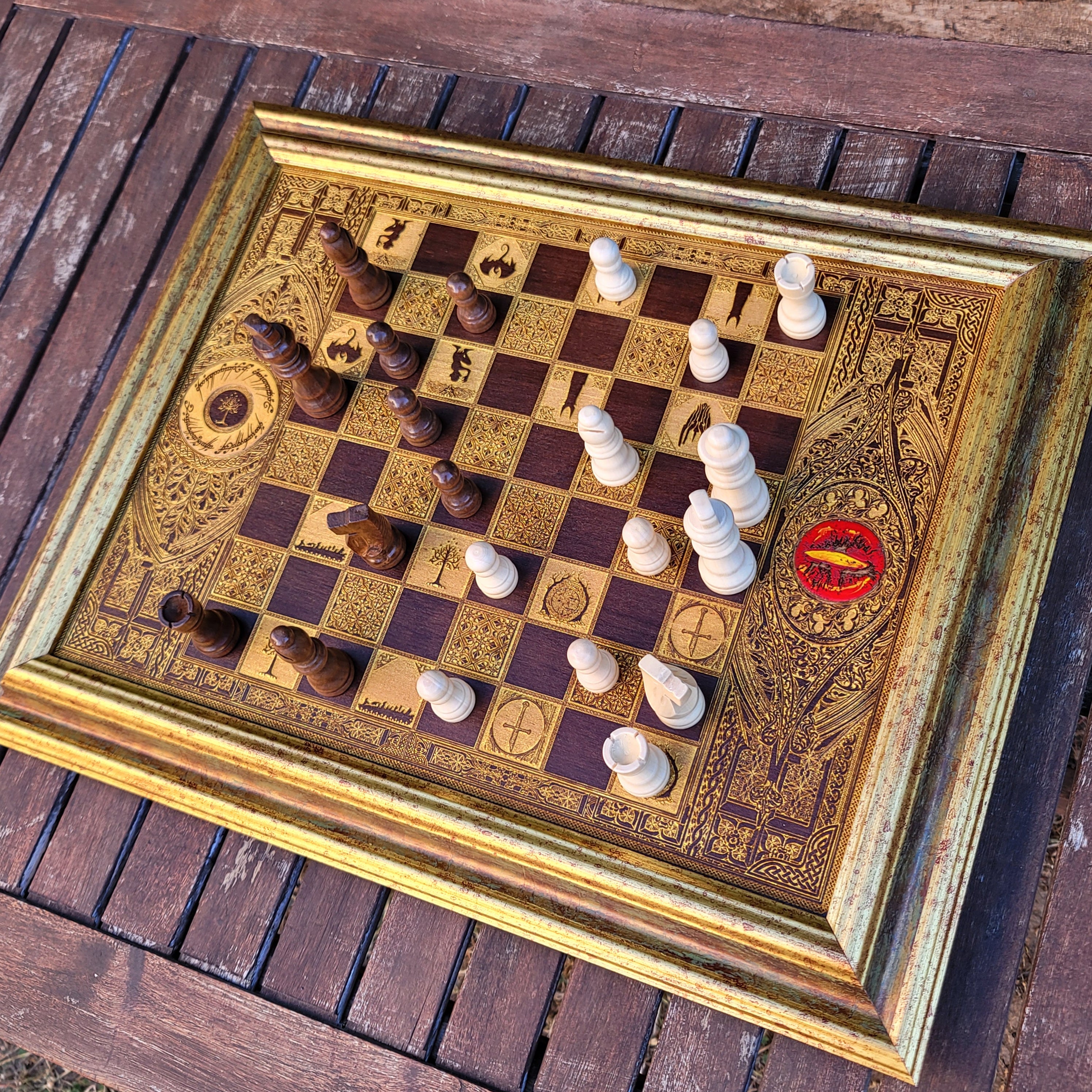 Fantasy Movie Chess Board - Walnut & Gold - A3 Large Size