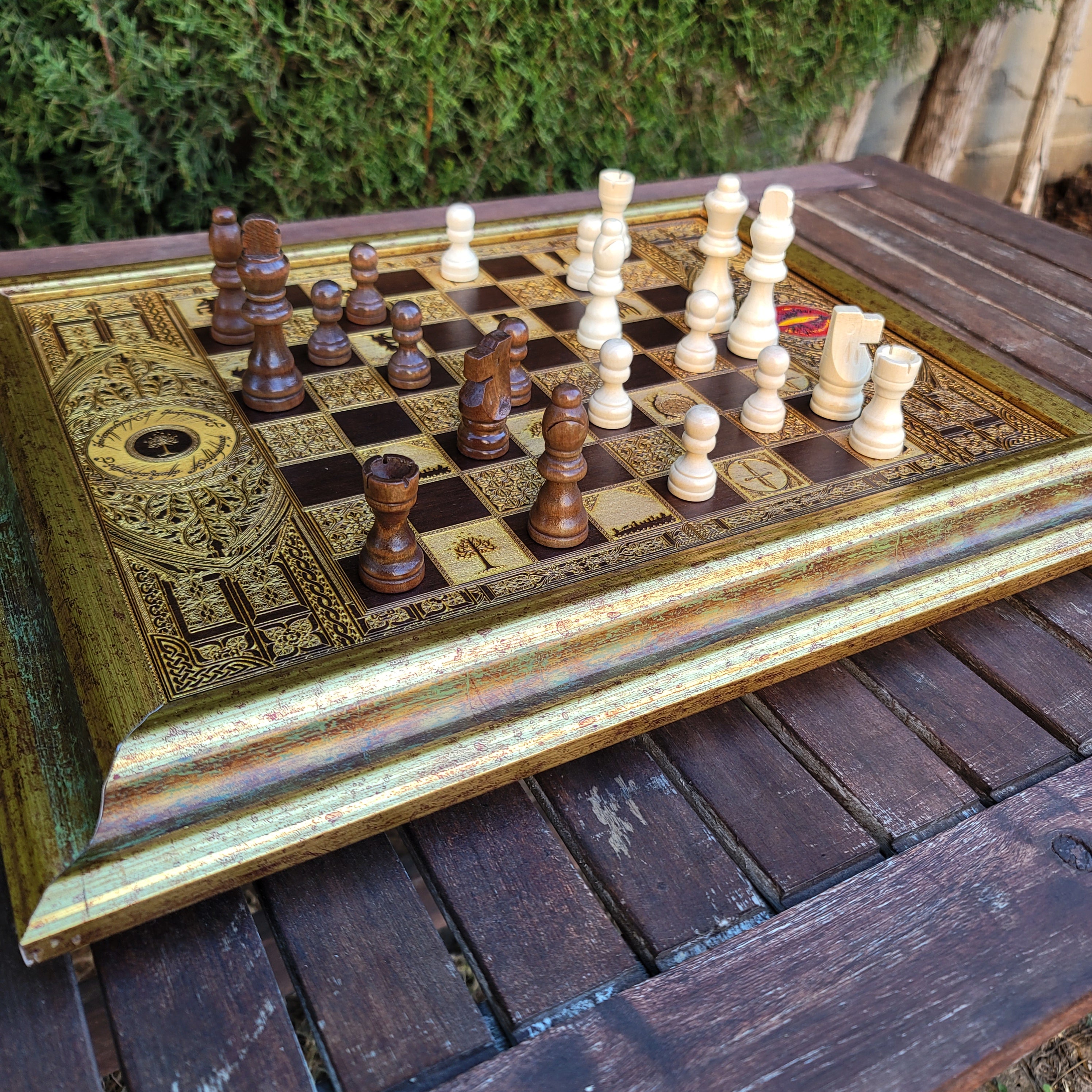 Fantasy Movie Chess Board - Walnut & Gold - A3 Large Size