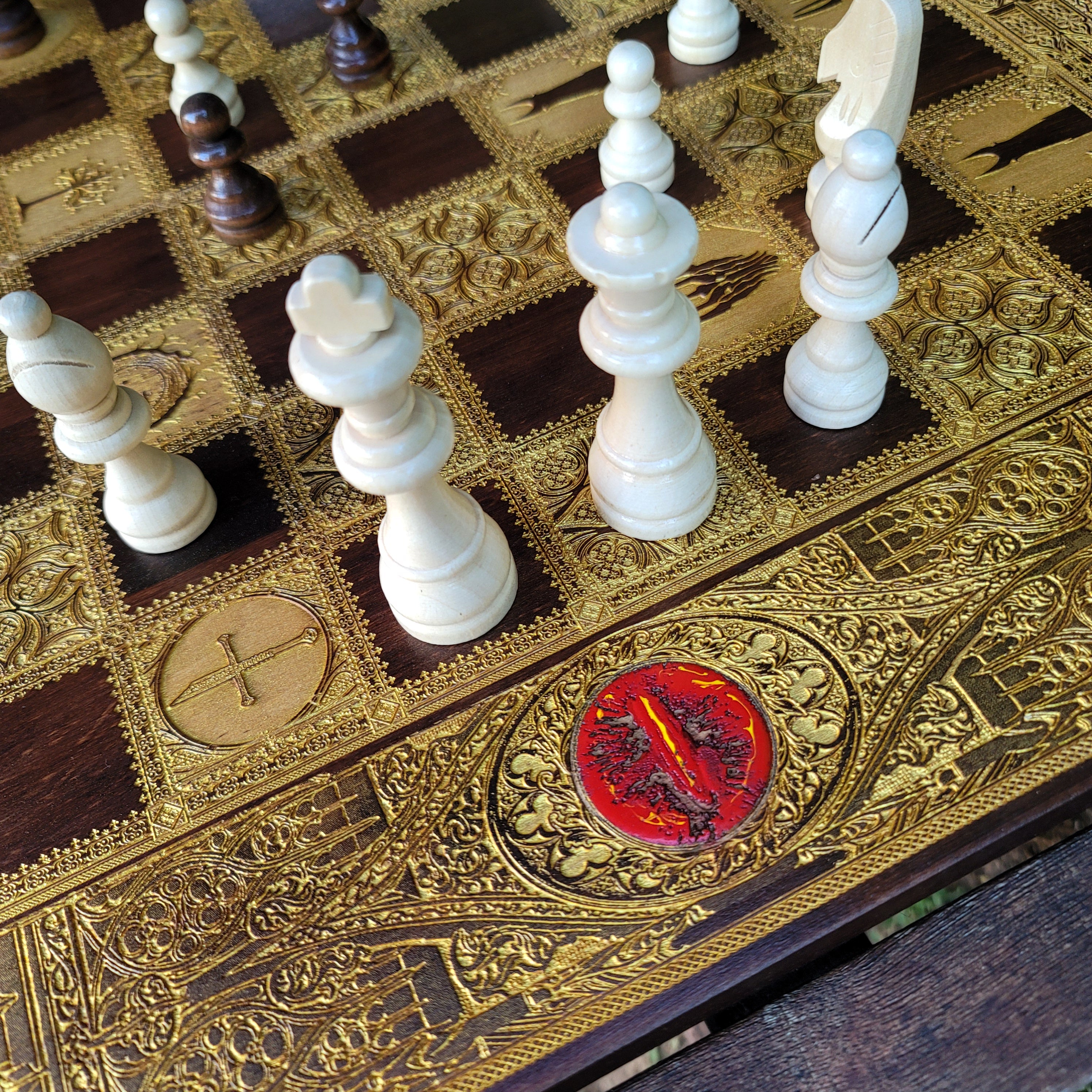 Fantasy Chess Board - Walnut & Gold - Tournament Size