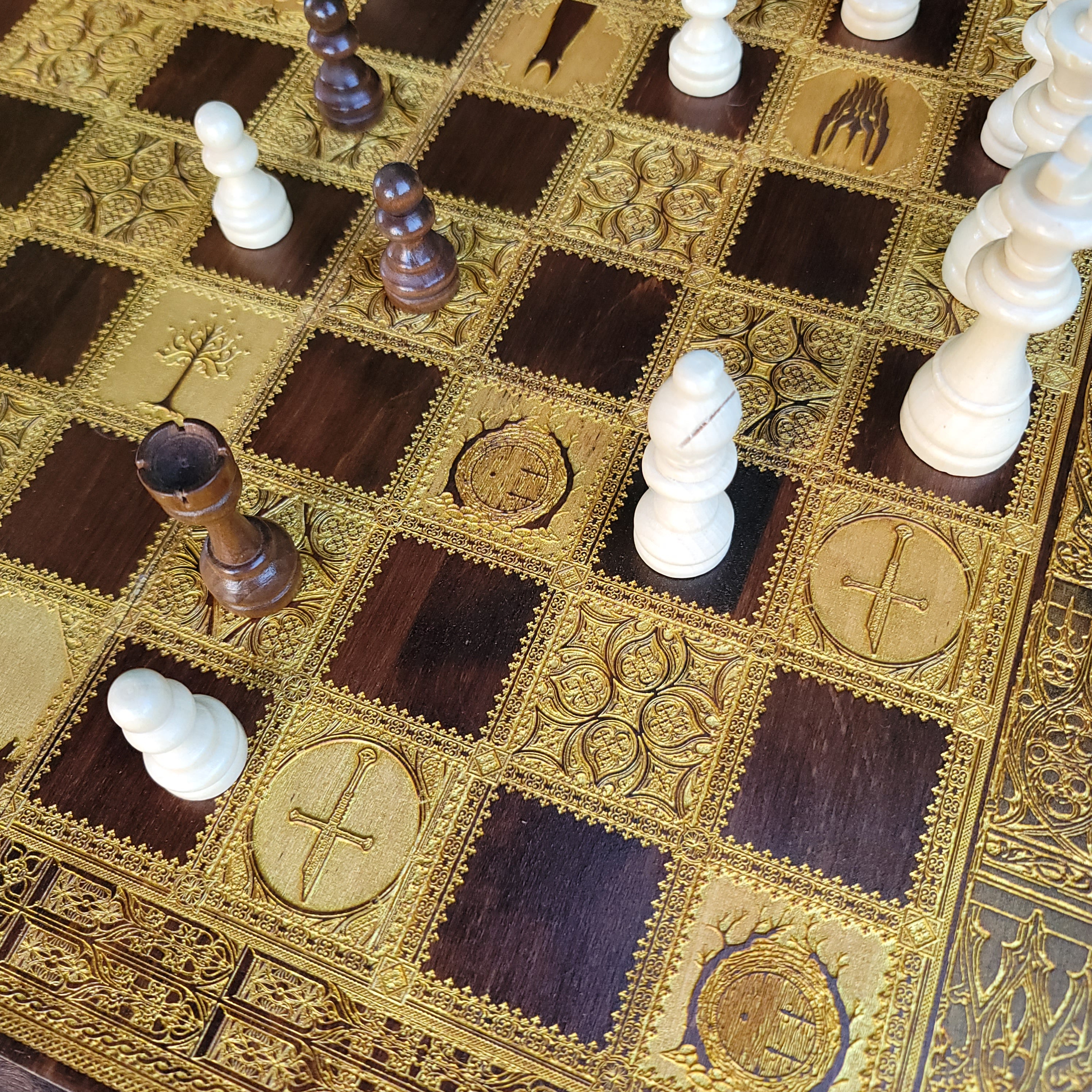 Fantasy Chess Board - Walnut & Gold - Tournament Size