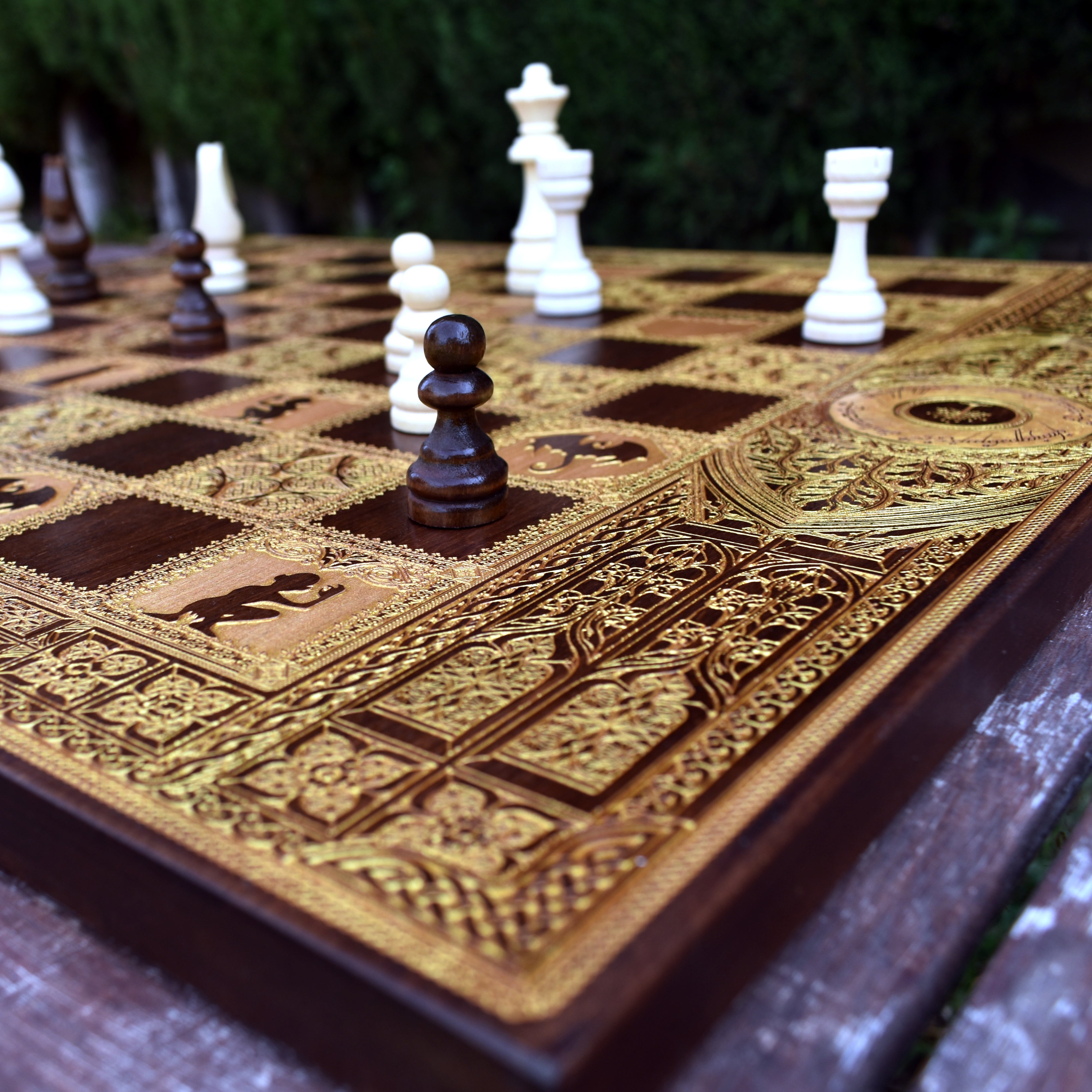 Fantasy Chess Board - Walnut & Gold - Tournament Size