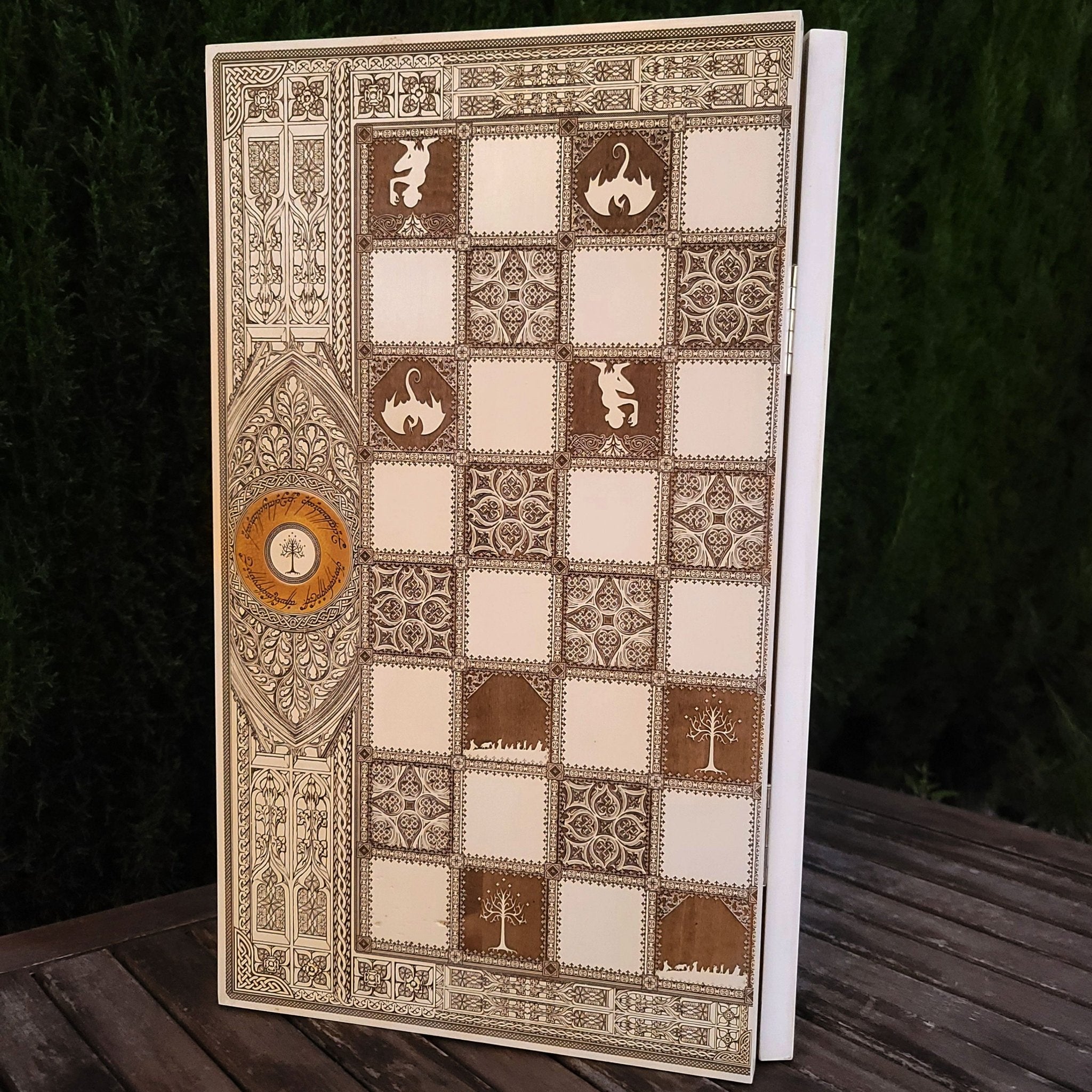 wood chessboard LOTR theme tournament size, laser engraved ,white and brown
