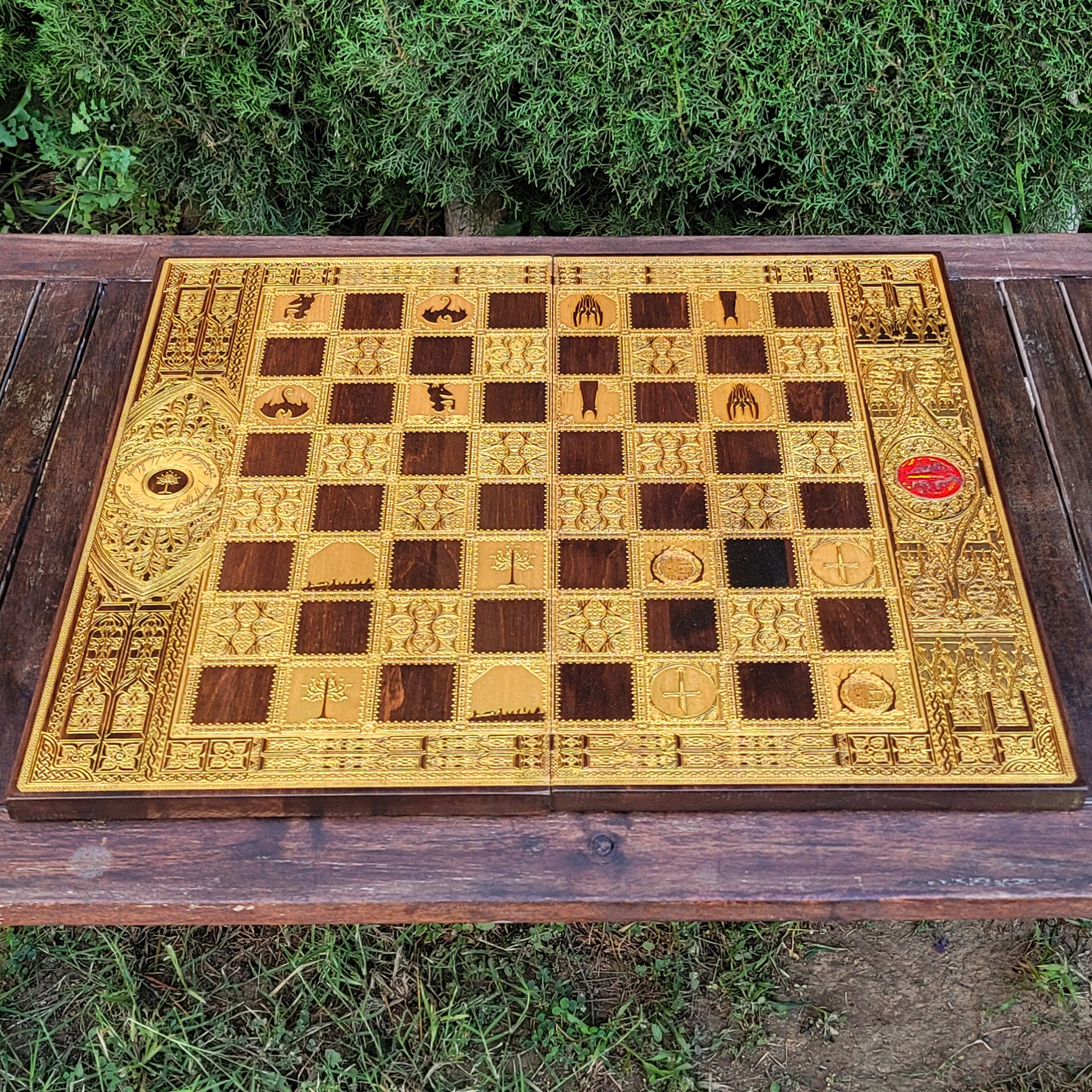 Fantasy Chess Board - Walnut & Gold - Tournament Size