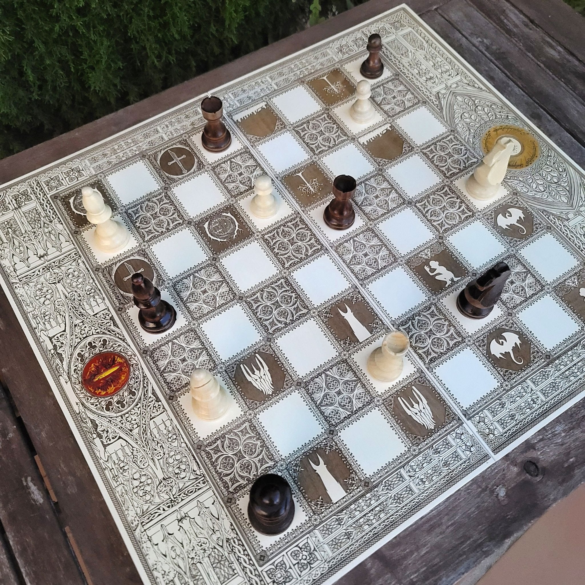 wood chessboard LOTR theme tournament size, laser engraved ,white and brown