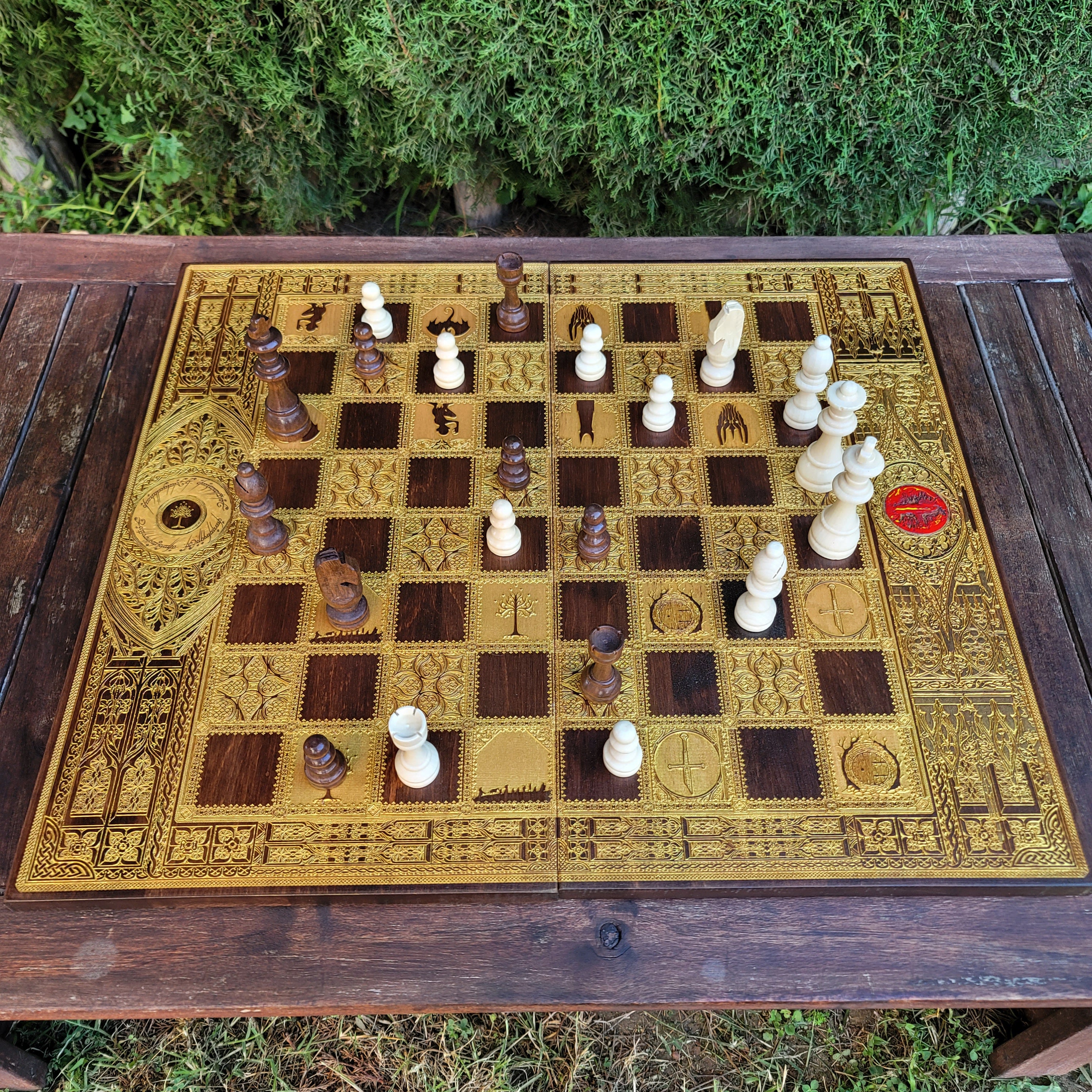 Fantasy Chess Board - Walnut & Gold - Tournament Size