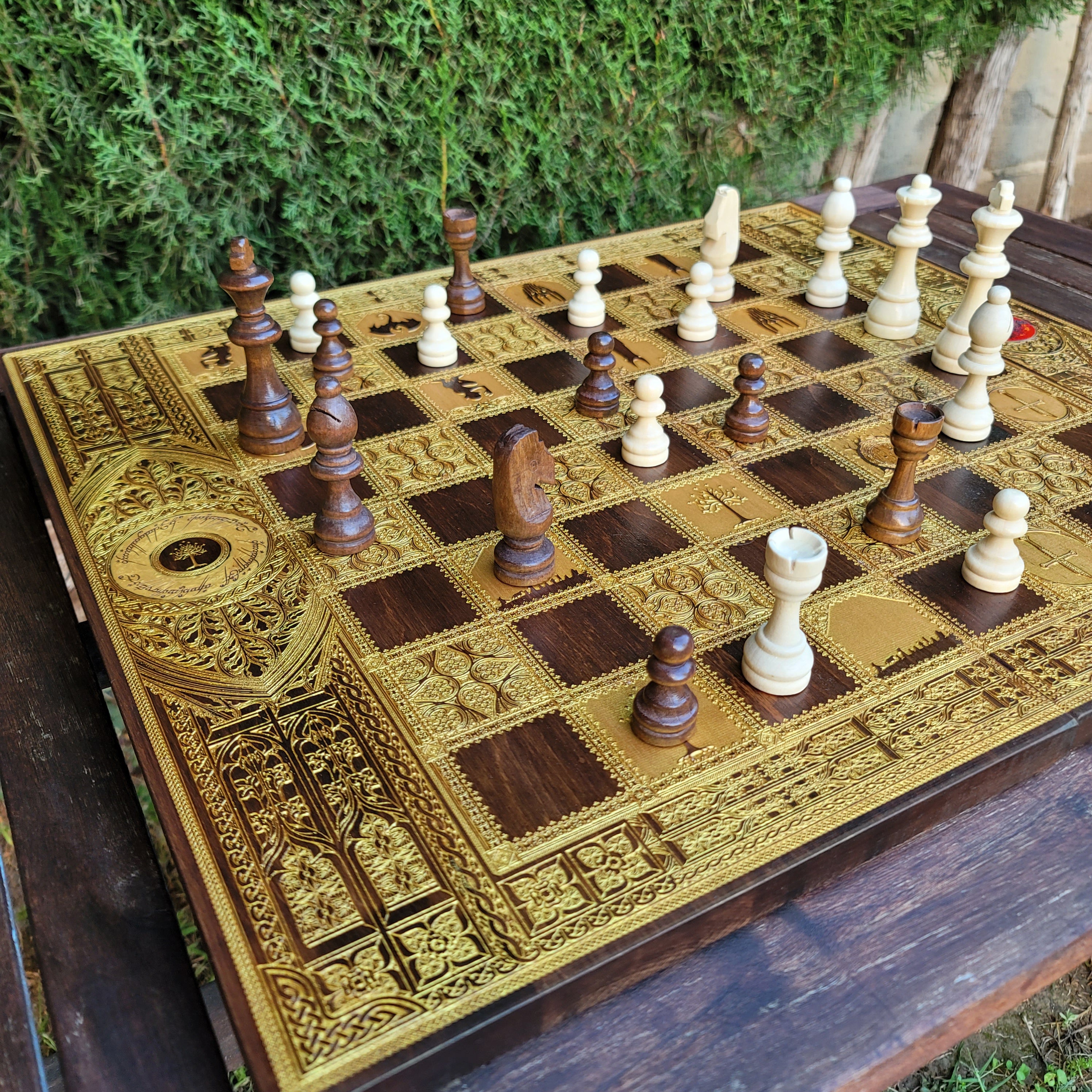 Fantasy Movie Chess Board - Walnut & Gold - Tournament Size