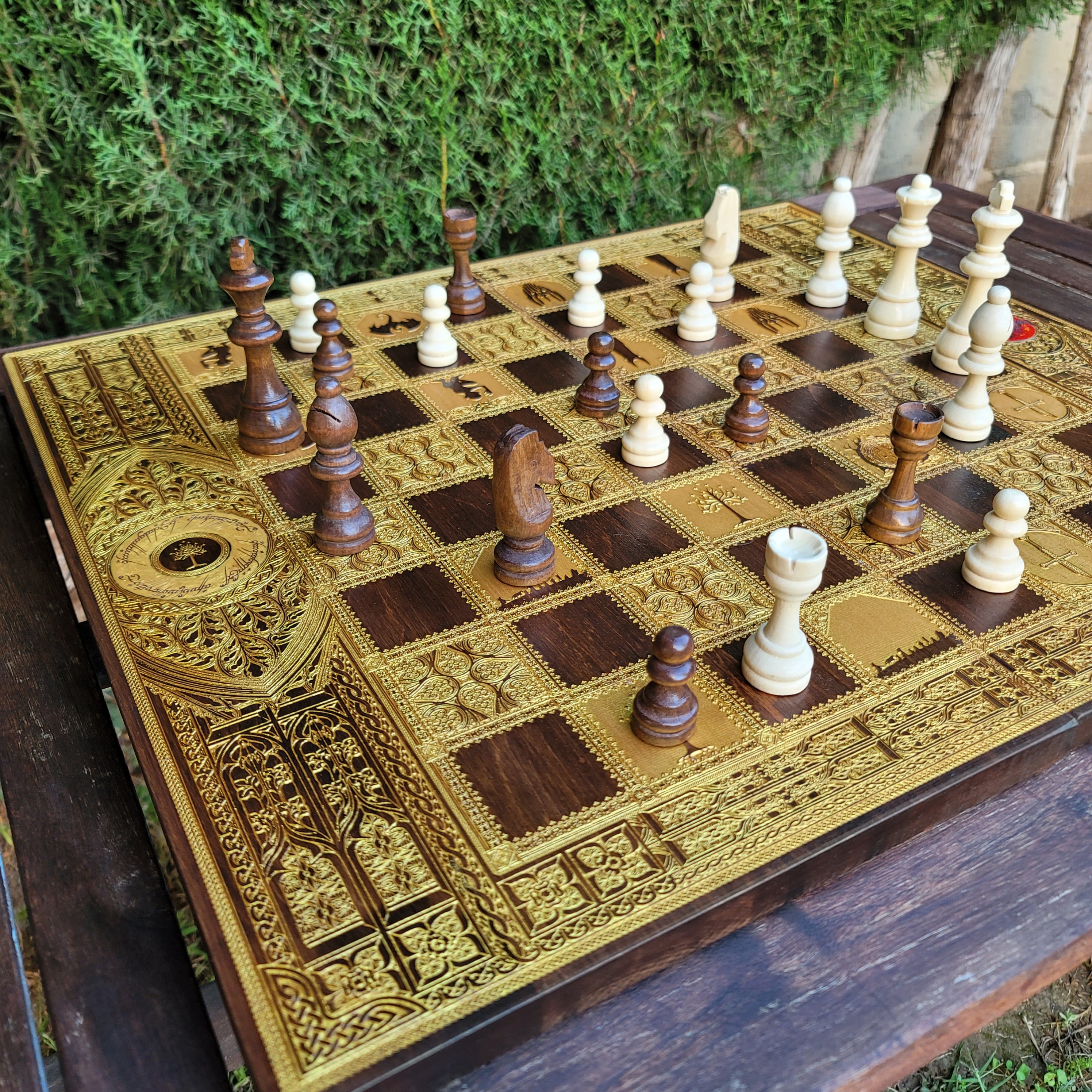 Fantasy Chess Board - Walnut & Gold - Tournament Size