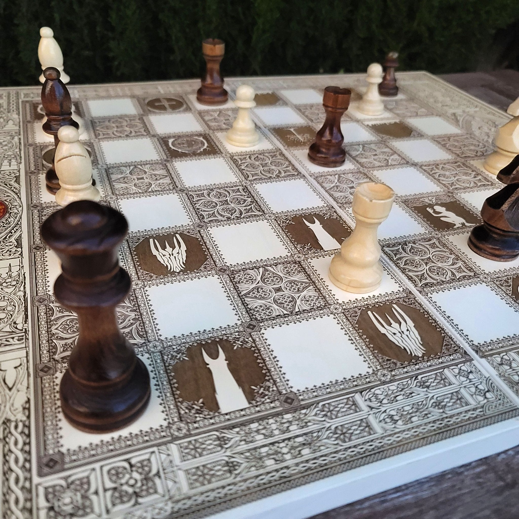 wood chessboard LOTR theme tournament size, laser engraved ,white and brown