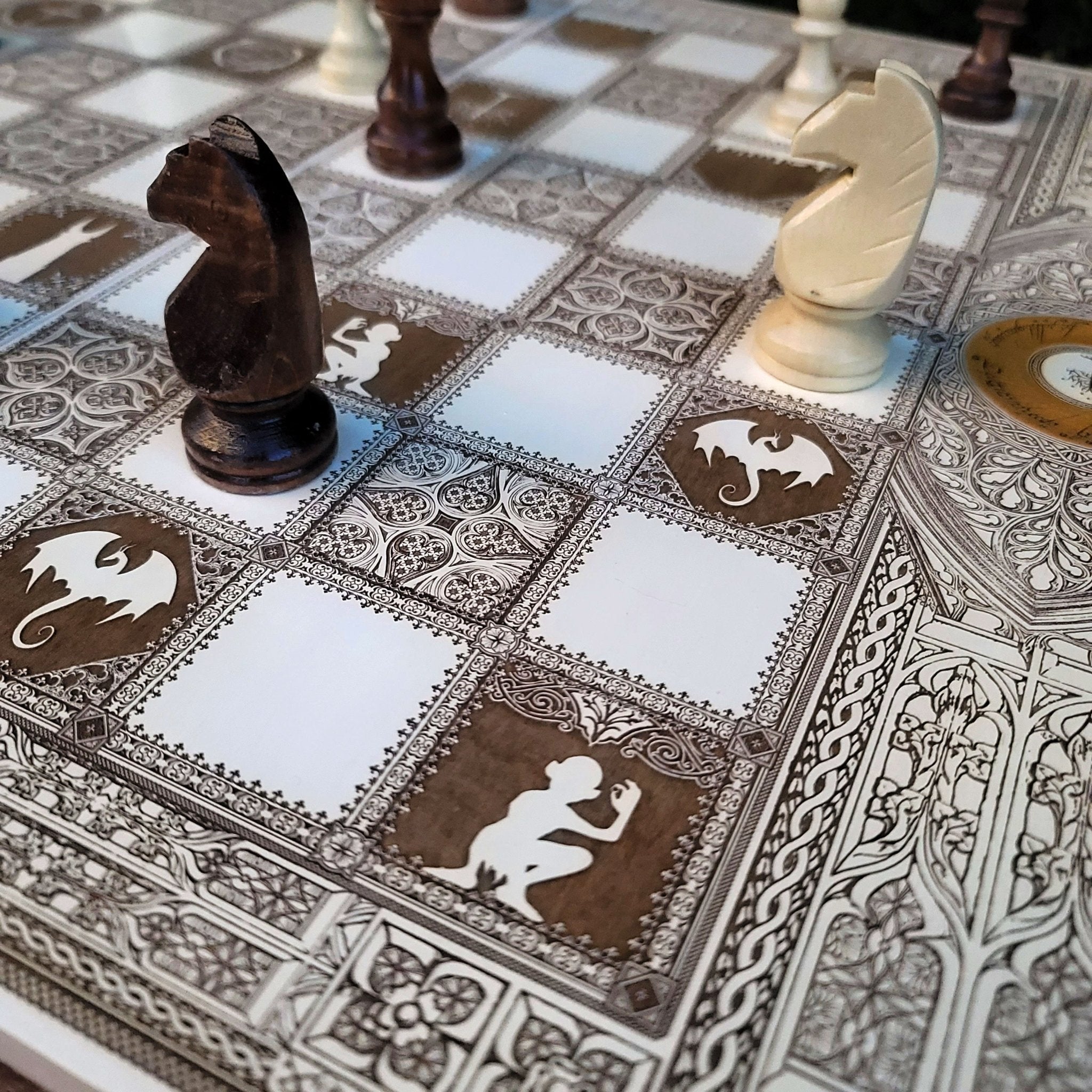 wood chessboard LOTR theme tournament size, laser engraved ,white and brown