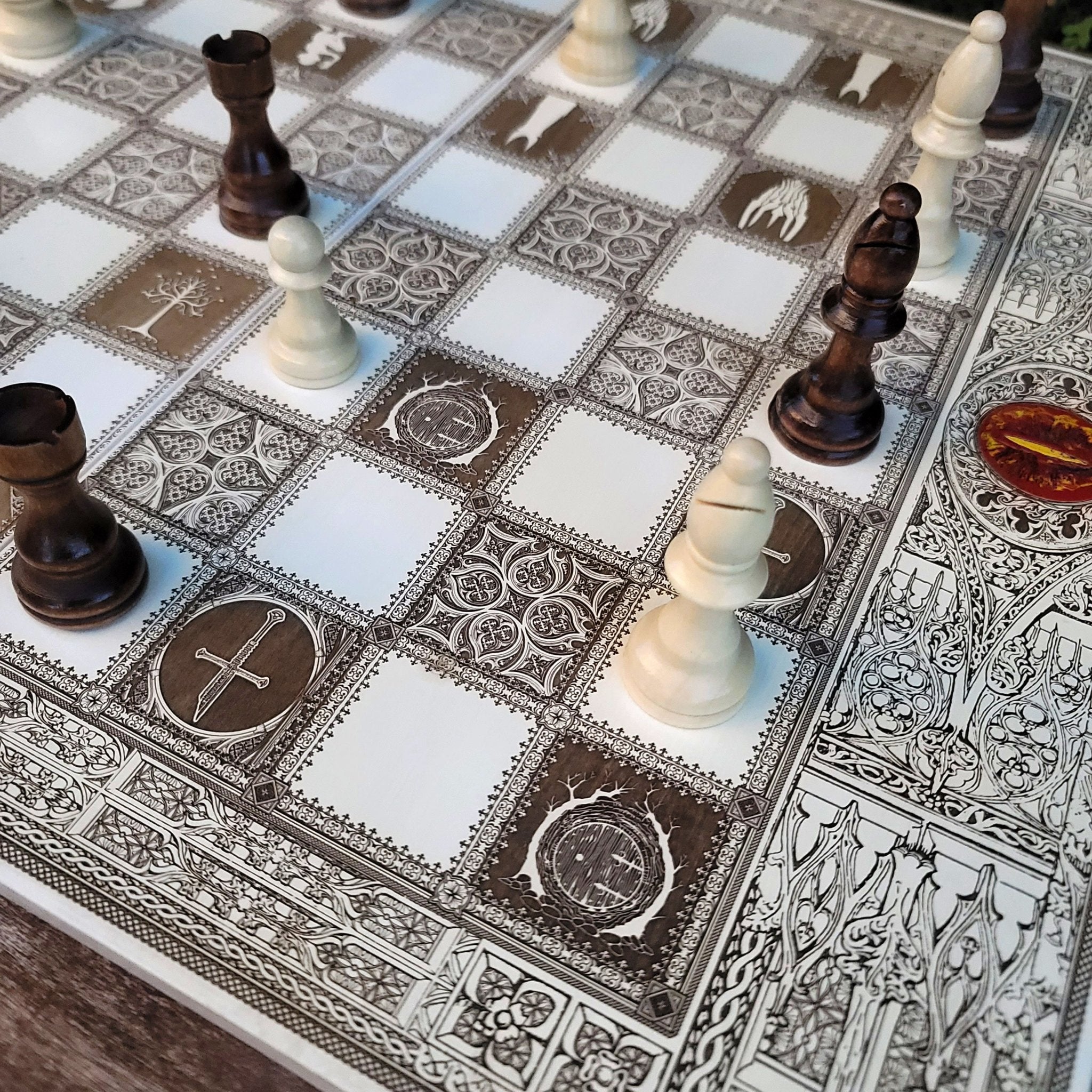 wood chessboard LOTR theme tournament size, laser engraved ,white and brown